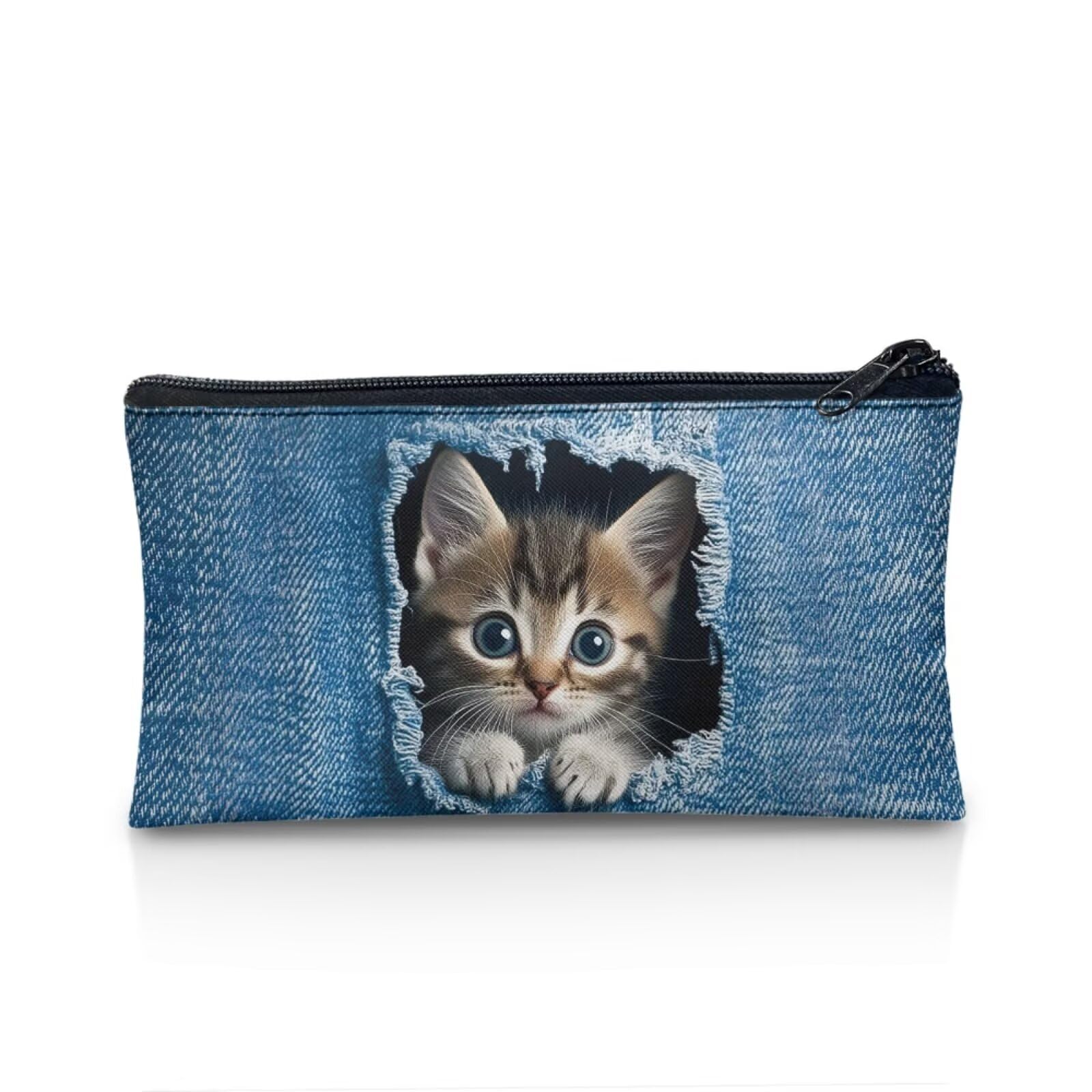Wnbucioht Denim Cat Pencil Holder for Kids Girls School Pencil Case Funny Denim Pocket Cat Pen Bag Big Capacity Stationary Storage Box Kindergarten Elementary School Pen Case