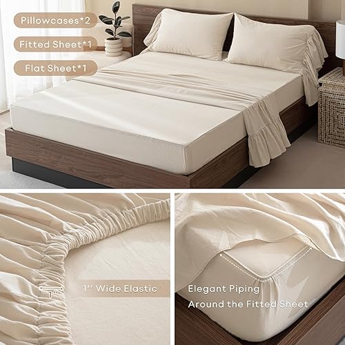 Miniatura 4 de QSH Juego de sábanas 100 % algodón tamaño Queen, con volantes, textura de lino con textura, estilo de granja, estilo desgastado, vintage, elegante,