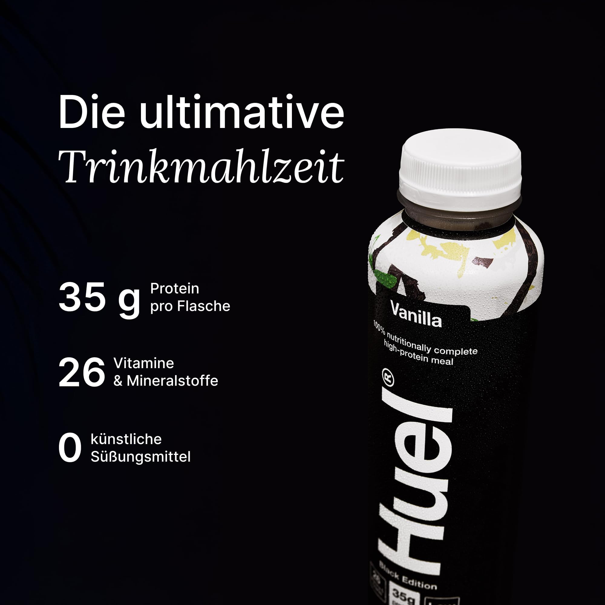 Huel Black Edition Drink Vanilla, proteinreiche Trinkmahlzeit für unterwegs - 8 x 500 ml - 35 g Protein, Reich an Vitamin D, gesunden Fettsäuren & Kalzium, Plant-based, Geschmack Vanille