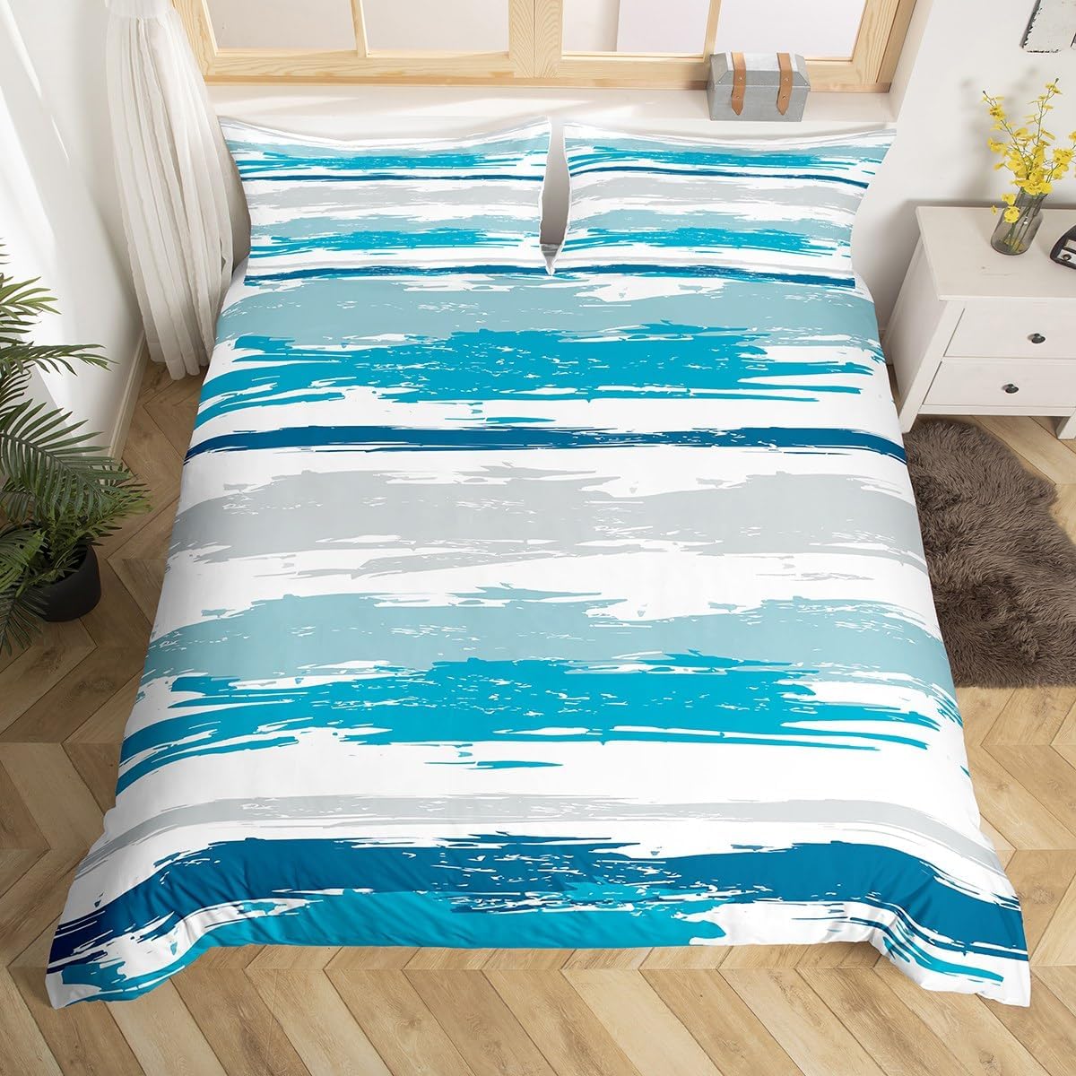 Erosebridal Abstract Blue Duvet Cover Twin Size Modern Teal Grey Striped Bedding Set for Boys Men Geometric Aesthetic Oil Painting Comforter Cover Minimalist Simple Watercolor Bedclothes