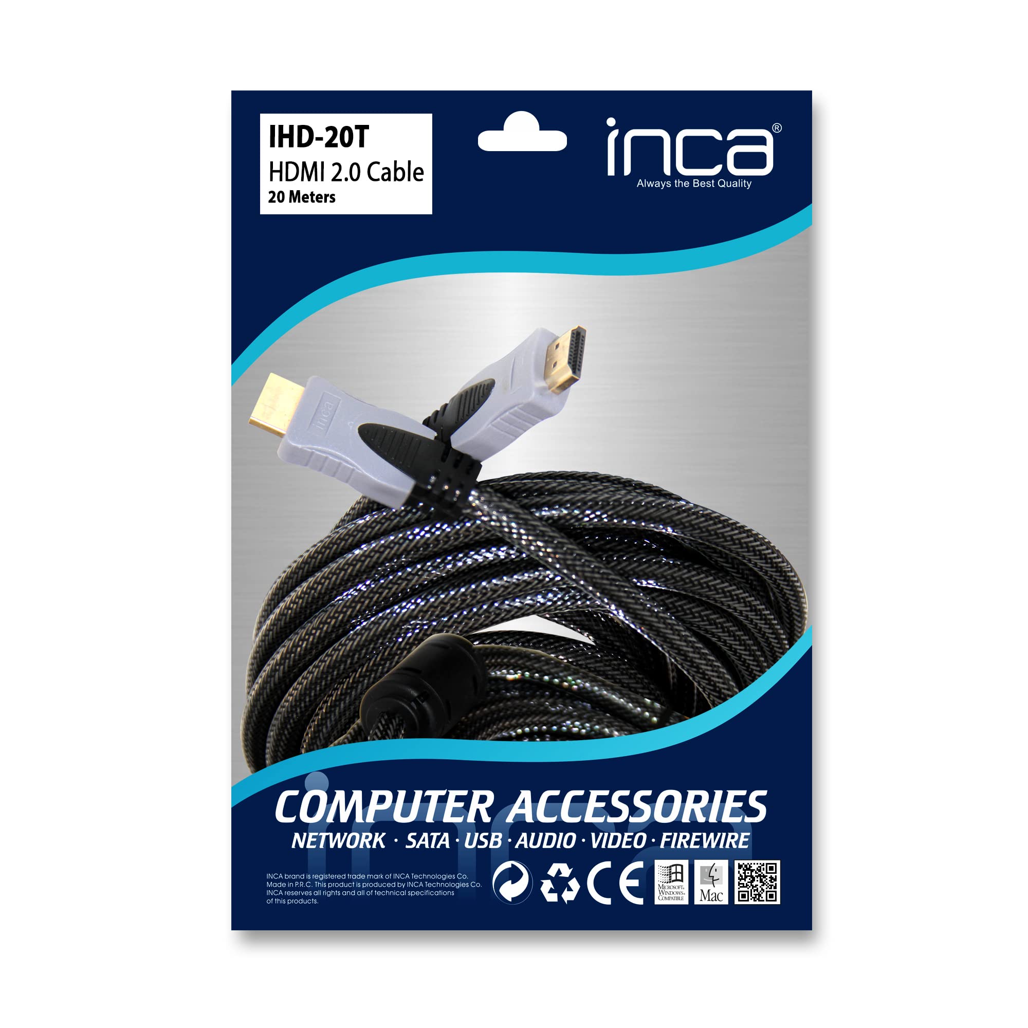 Inca Cavo HDMI 4K ad alta velocità Ethernet HDR Full UHD GOLD HDMI Versiyon 2.0 (20 cm)