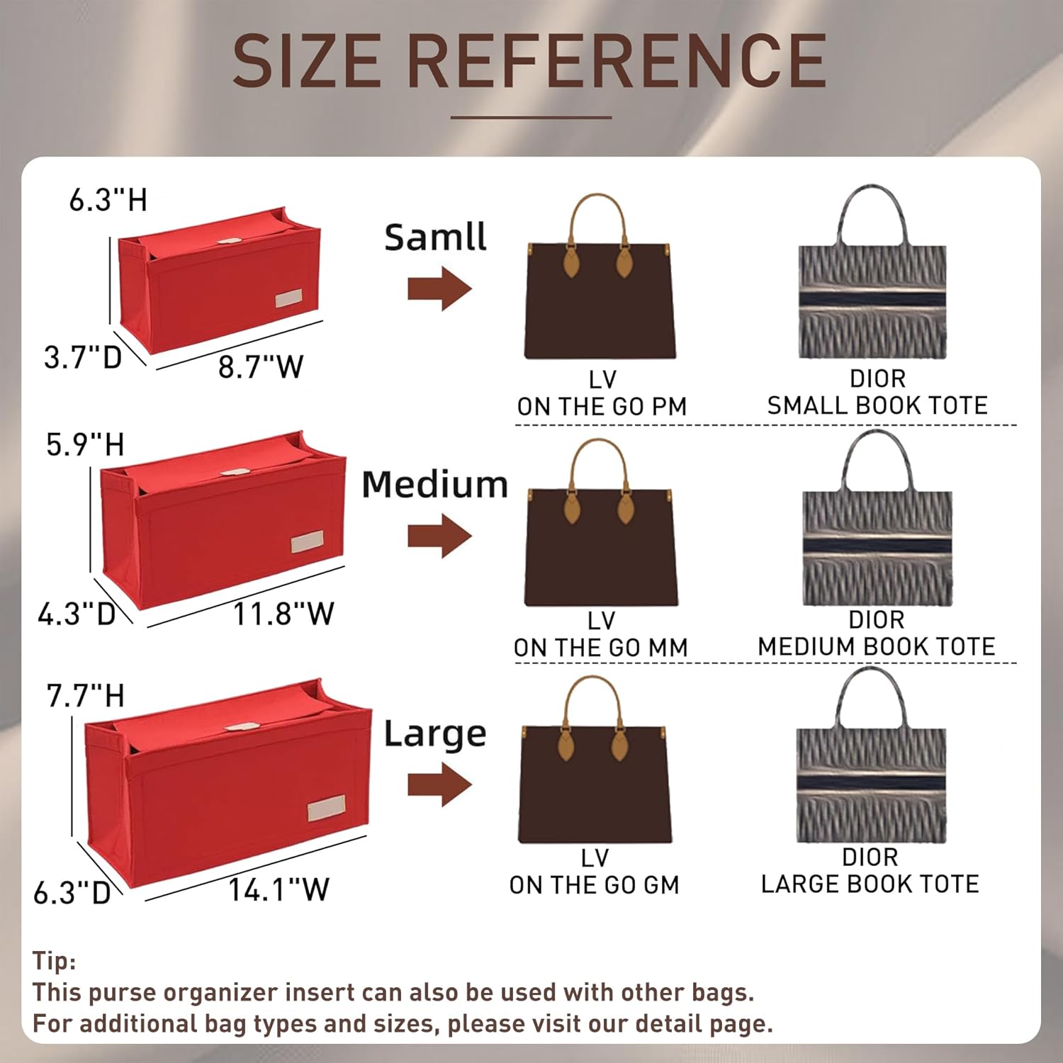 Doxo Purse Organizer Insert, Felt Tote Organizer with Zipper, Bag Insert Organizer Perfect for Lv Onthego MM 35 & D Medium Book Tote Bag (Red-With Cover) - Image 2