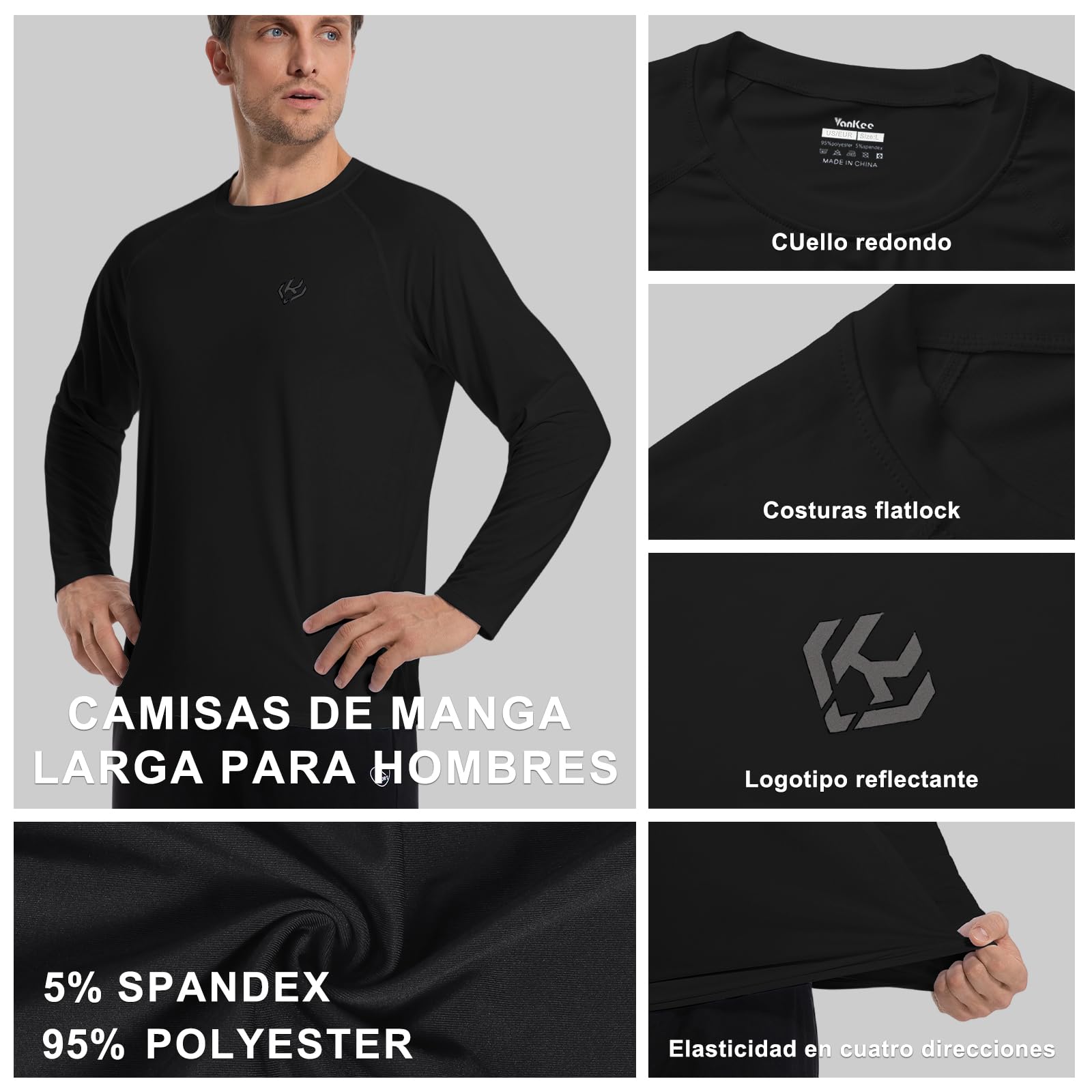 Camisetas Deporte Hombre Secado Rápido Respirable Camisetas Manga Larga Camiseta Funcional Ligera de Shirt UV Protección Top Cuello Redondo Holgado Shirts Aplicable Correr Fitness Entrenamiento