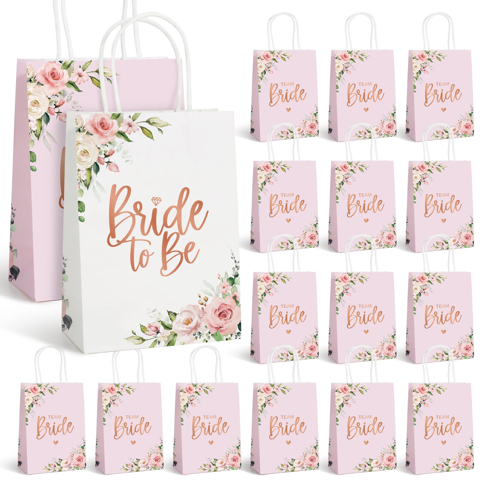 DOORIO 17Pcs Hen Party Bags 1 Bride to Be + 16 Team Bride Floral Paper Gift Bags for Wedding Bridal Shower Bachelorette Party Hen Do Accessoories for Bride Bridesmaids