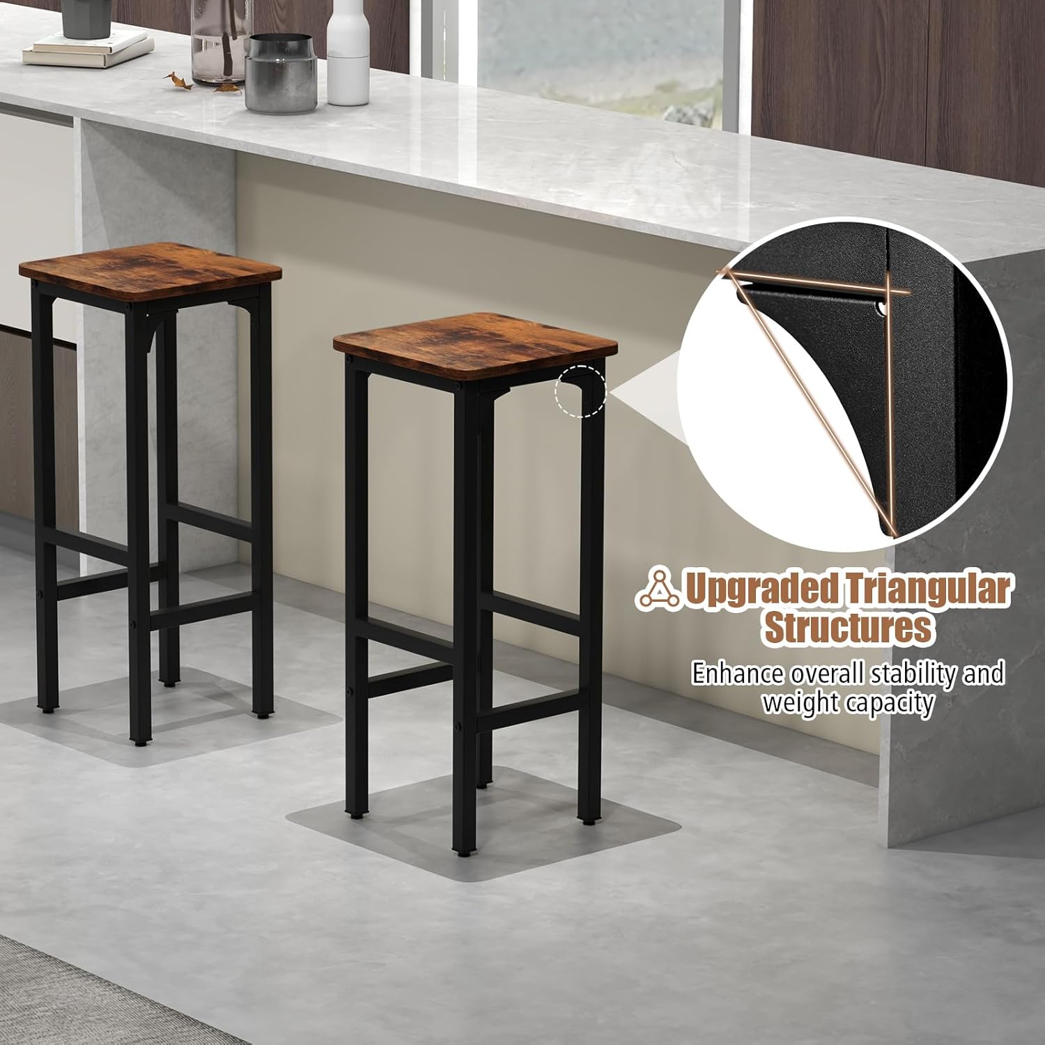 Set of 2 Black and Rustic Brown Adjustable Wood and Metal Bar Stools