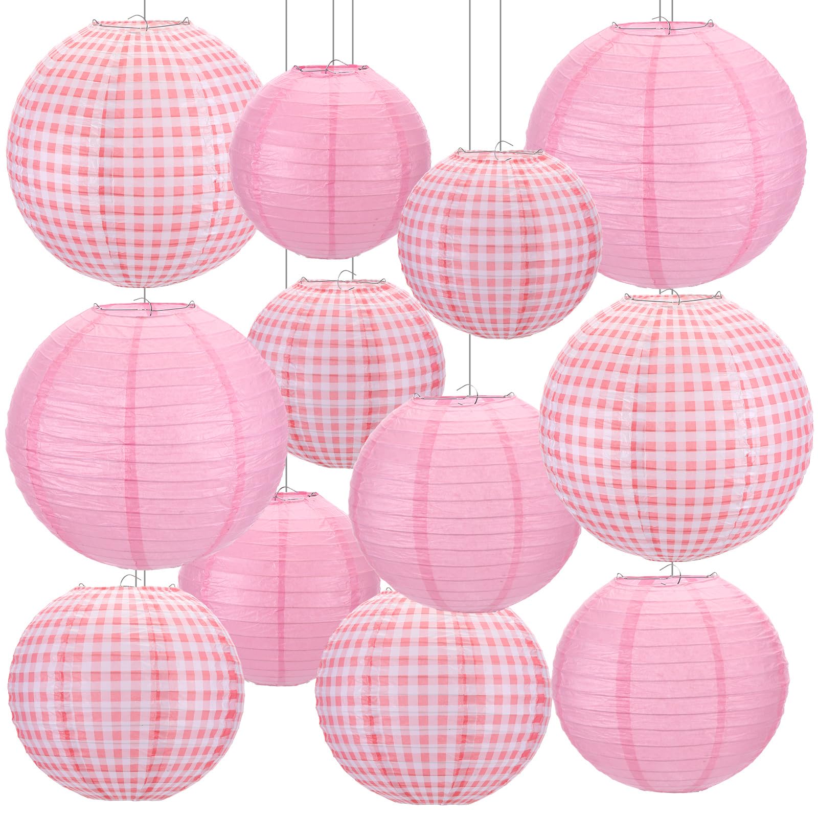 Różowe i białe papierowe lampiony w kratkę, wiszące chińskie okrągłe papierowe lampiony, dekoracja na baby shower, urodziny, grill, ślub, piknik, dekoracja domu, 12 szt