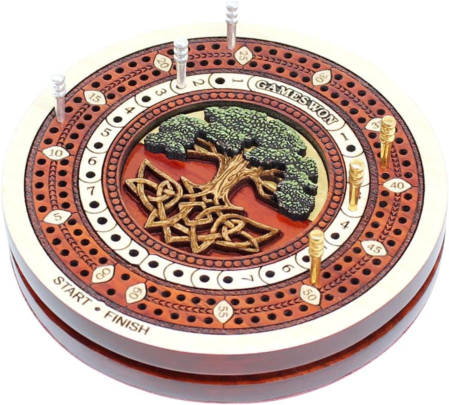 House of Cribbage - 2 Track 60 Points - Tree of Life Inlaid Wooden Travel/Pocket Size Cribbage Board - Size 4 Inch (Maple Wood/Blood Wood)