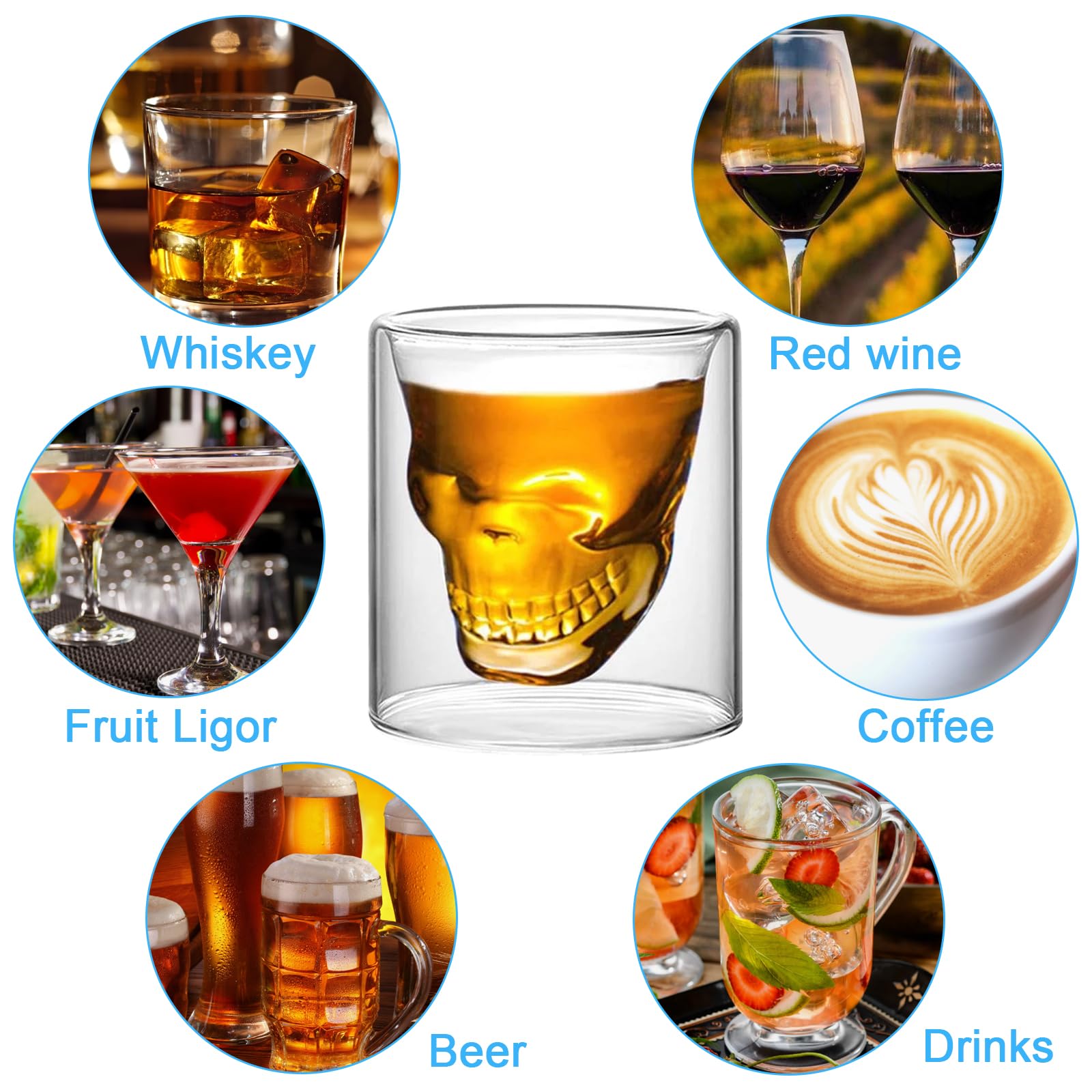 Xiuyer 2 Pcs Tazza di Halloween Teschio - Bicchieri da Rum, Liquore, Amaro - Tazzine Caffè Vetro Doppia Parete Borosilicato - Bicchiere da Vodka 250ml Con 2 Cucchiai
