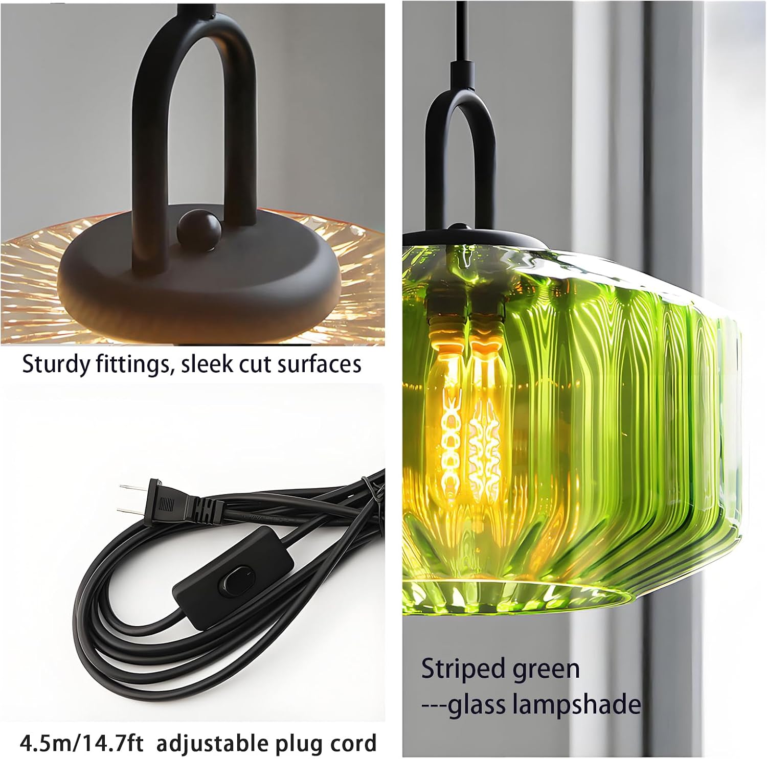 Vintage Plug-in Pendant Light, Striped Glass Shade & Black Metal Socket, E26 Hanging Lamp with 14.7Ft Adjustable Cord, Linging Fixture for Bedroom, Kitchen Island, Dining Room (Green)