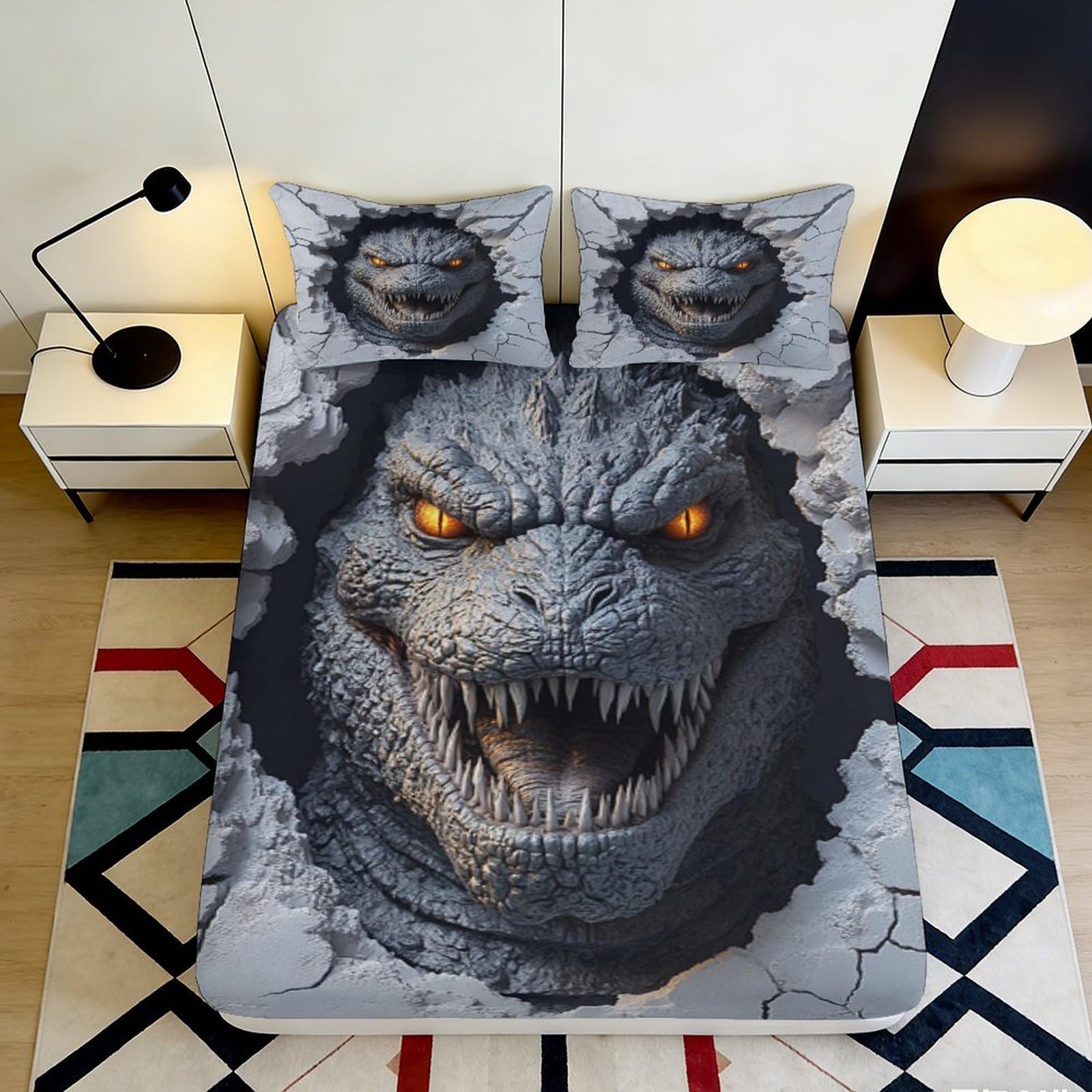 3D Printed Fierce Monster Fitted Sheet Microfiber Soft Breathable Dark Beast Bed Cover for Bedroom Dorm Decor 90x200x25cm