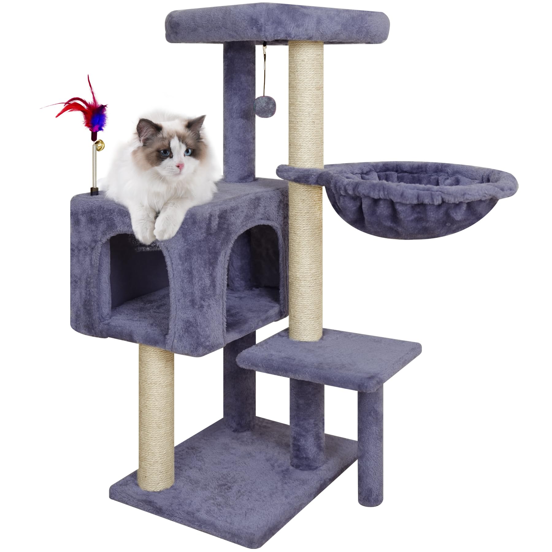 TWDEPART Cat Tree Tower with Cat Scratching Posts,Activity Centre Climbing Tree Furniture with Big Cat Condo and Hanging Balls,Grey