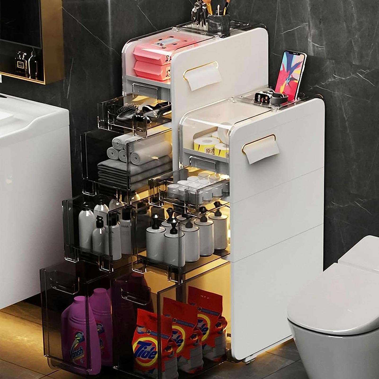 Cajones de almacenamiento apilables, gabinete de piso para baño, unidad de almacenamiento Vertical con cajones transparentes y ruedas, Torre de almacenamiento delgada, al