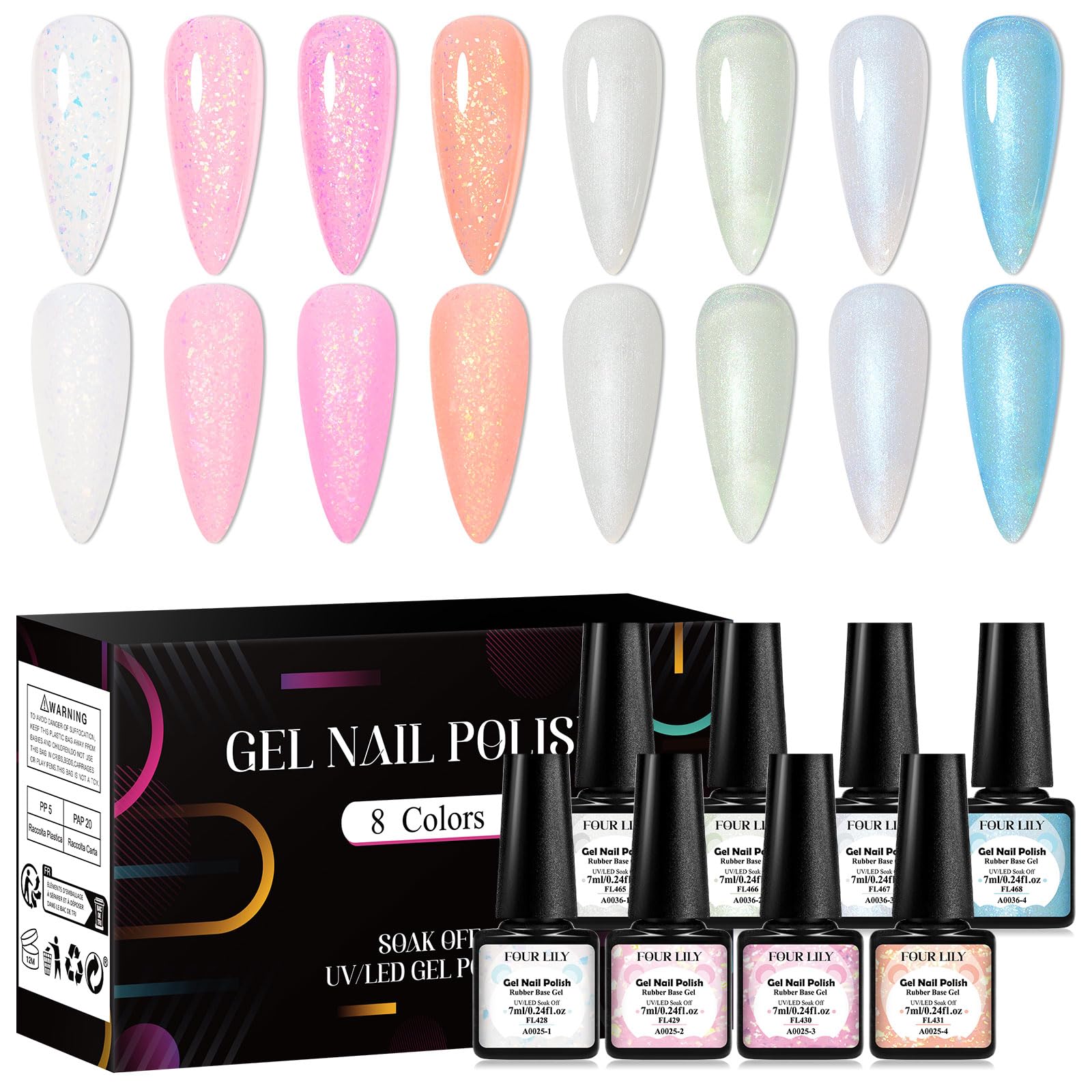 Four Lily Rubber Base Builder Colors Set, Brocade Pink White Strengthener Builder Extension Gel Polish Pearlescent Off-white Blue Milky Soak Off UV