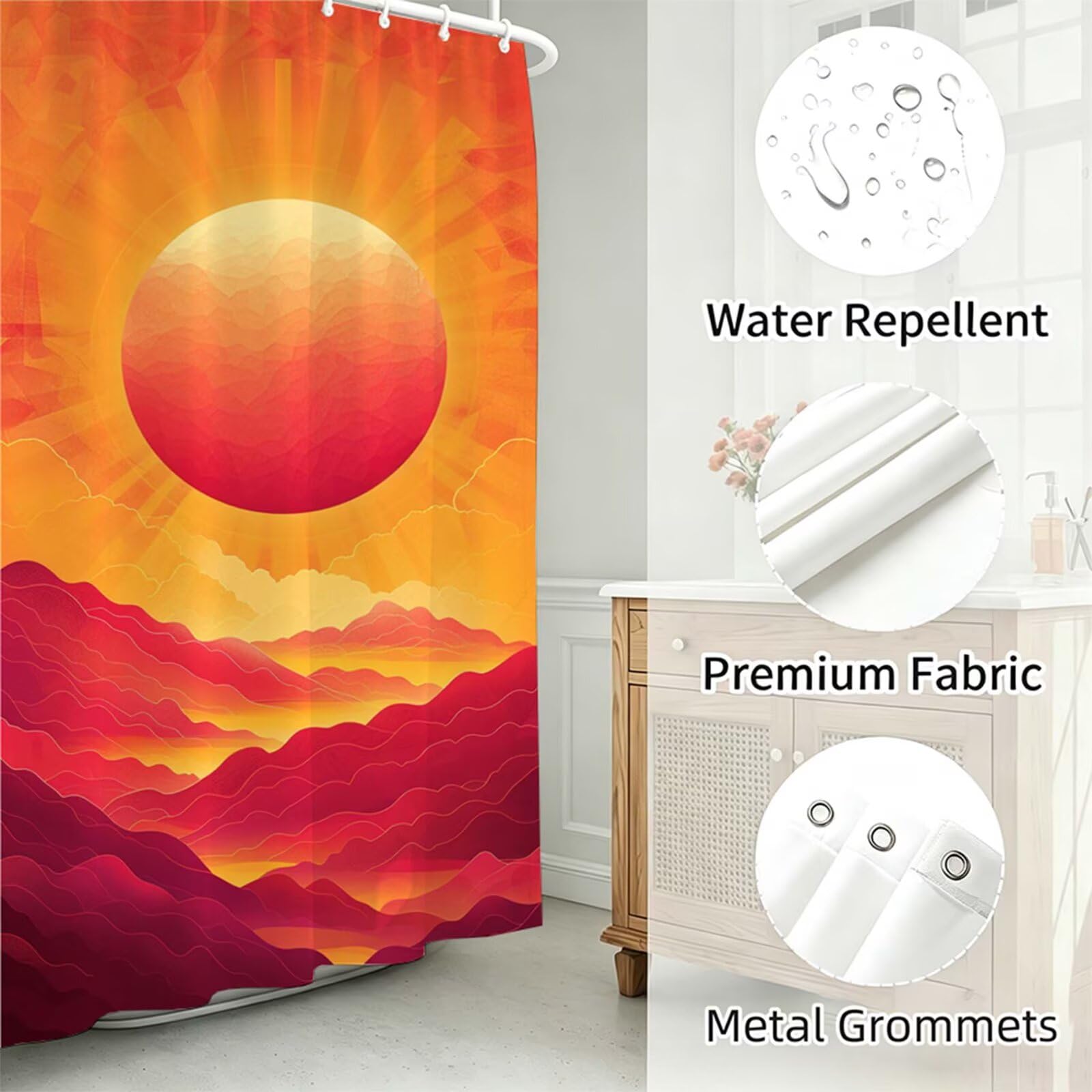 Rot Duschvorhang 200x250cm,Duschvorhänge Sonnenuntergang,Bedruckt mit Kunststoffhaken,Badezimmerdekor Vorhang,Wasserdicht Shower Curtains,für Badezimmer,Badewanne,Schlafsaal,Hotel Dekorieren J-354
