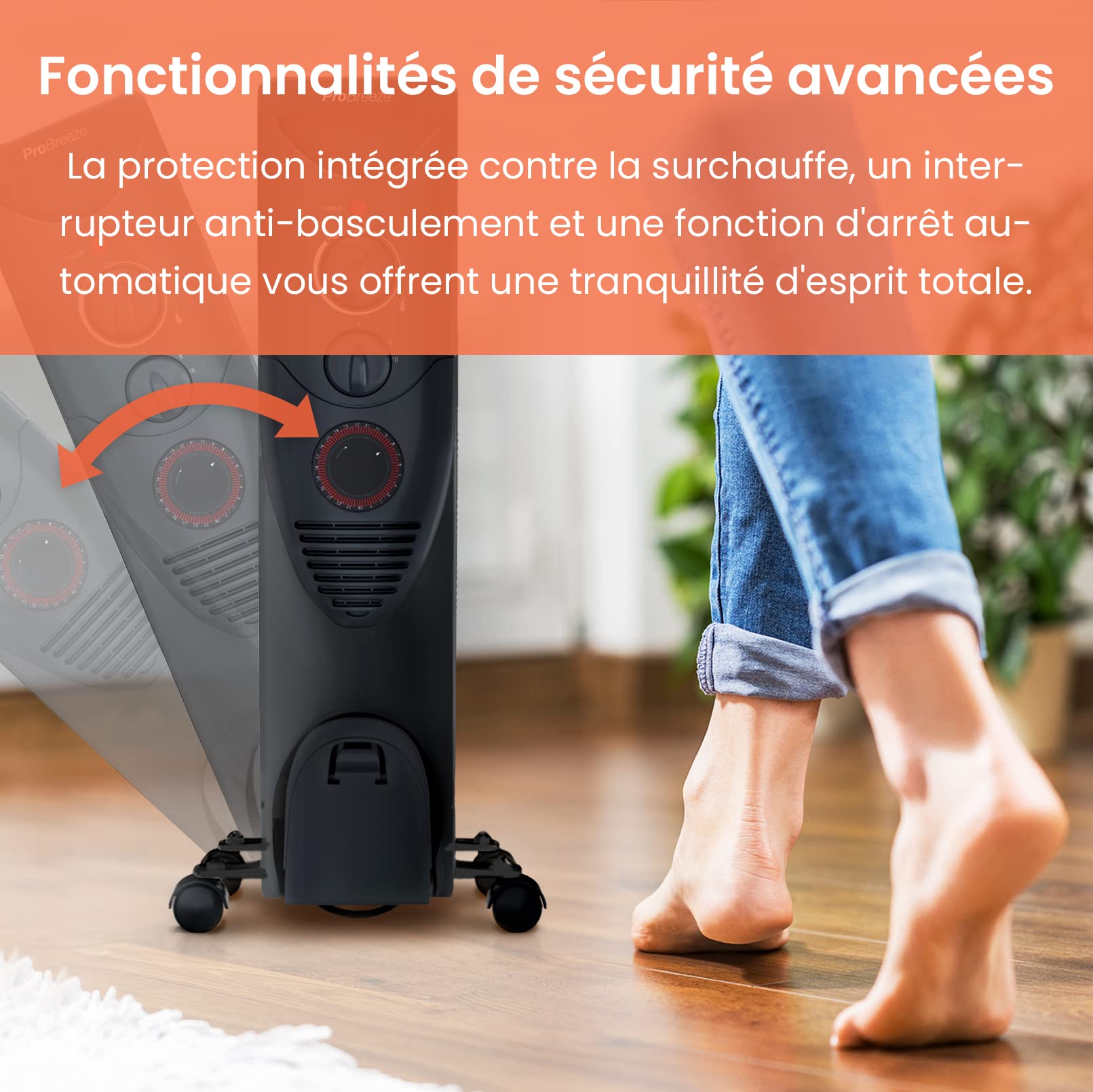 Pro Breeze Radiateur à bain d'huile 2500W, 11 éléments - Chauffage électrique portable avec Minuterie intégrée, 3 niveaux de chaleur, Thermostat réglable, Caractéristiques de sécurité intégrées - Noir