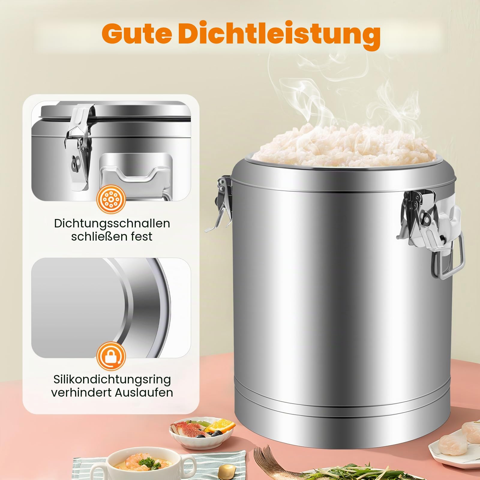 Große Isolierter Warmer Suppentopf, 201 Edelstahl 40L Frühstücks Suppentopf für Transport Thermobehälter mit Gummiring und Spannverschluss (40L/10.6gal)