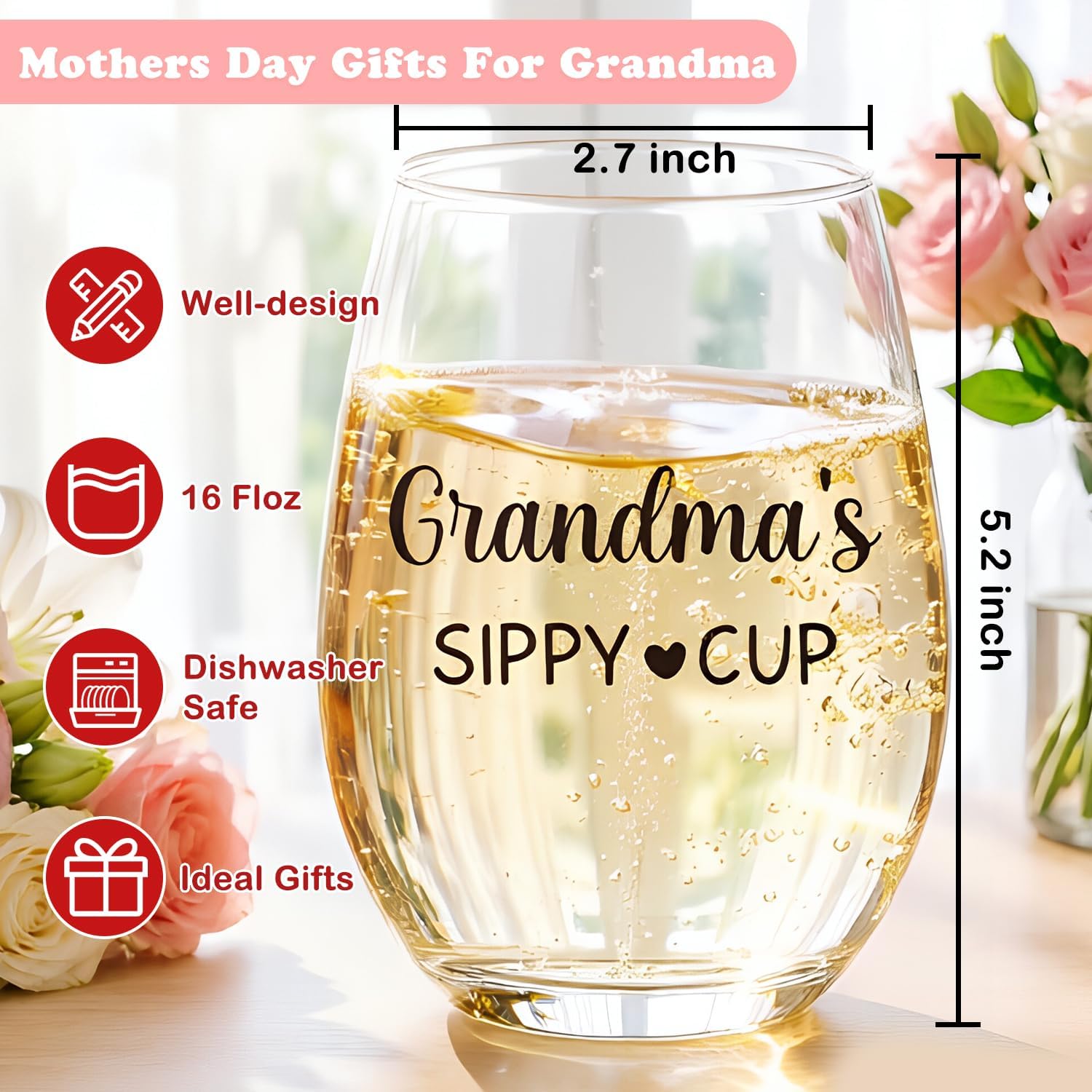 Grandma'S Sippy Cup 16oz Stemless Wine Glass With Metal Wine Bottle Stopper, Mothers Day Gifts For Grandma, Nana, Grandma Mothers Day Gifts From Grandkids, Grandson, Granddaughter, Funny Wine Glasses