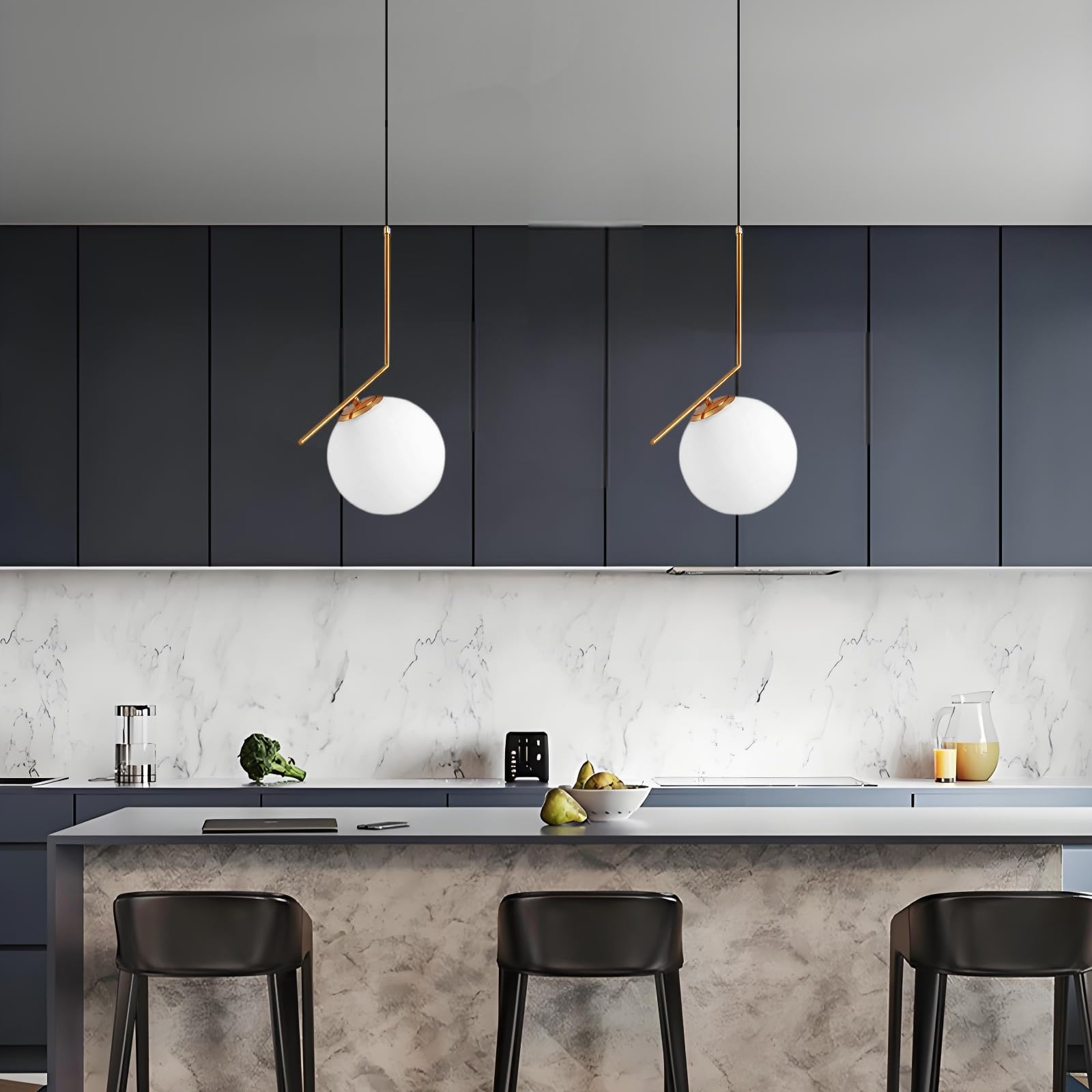 Lampada a sospensione moderna a sfera in vetro bianco, lampada da soffitto in metallo ottone, Lampadario da cucina per soggiorno e sala da pranzo (1-luce)
