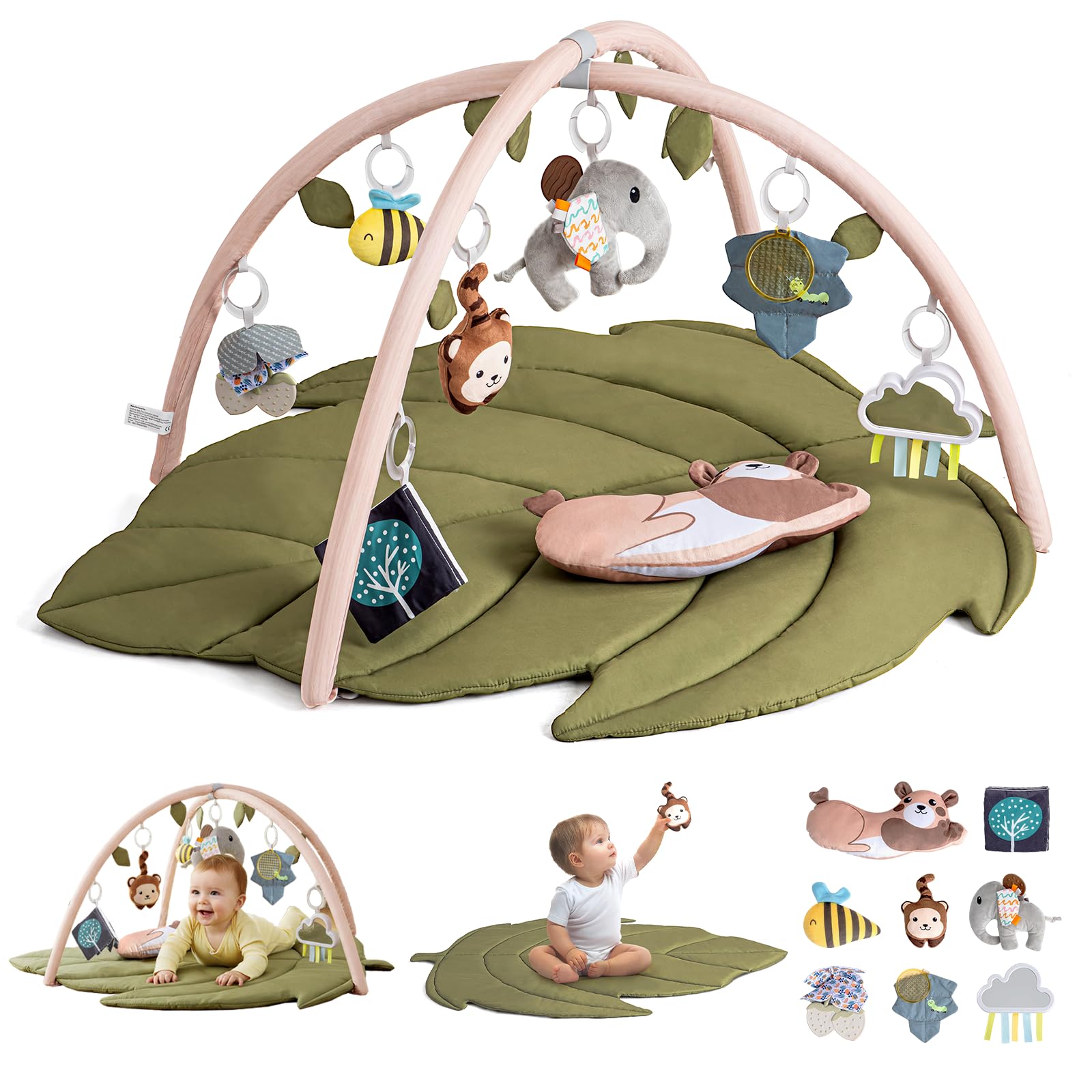 Infant Activity Center for Newborn to Develop Motor Cognition Leaves Leaf-Shaped Baby Play Gym & Activity Mat Extra Large Tummy Time Mat with 8