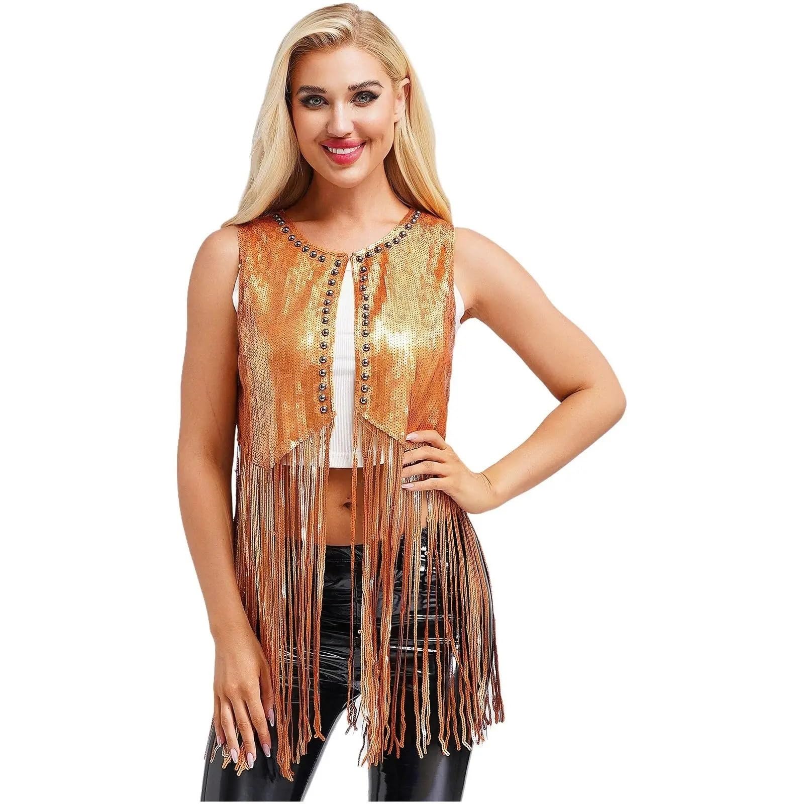 Top a Frangia Moda Donna Paillettes Gilet Top Senza Maniche Luccicanti Paillettes Perline di Plastica Paillettes Aperto sul Davanti Nappe Gilet Festa Club Outfit(Coffee,M)