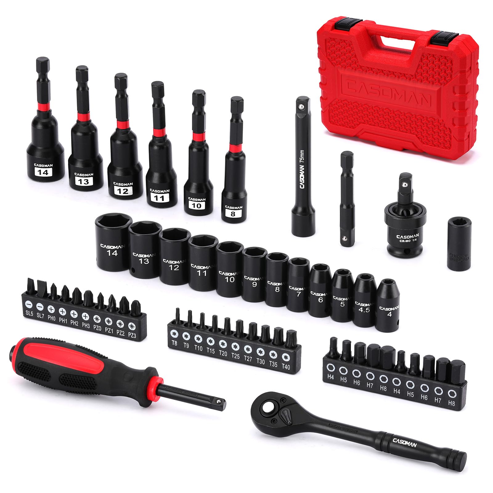 CASOMAN 56-Piece 1/4 Inch Mini Socket Ratchet Wrench Set, Metric Shallow Socket (4-14mm), 6-Point, with 72 Teeth Mini Ratcheting Wrench