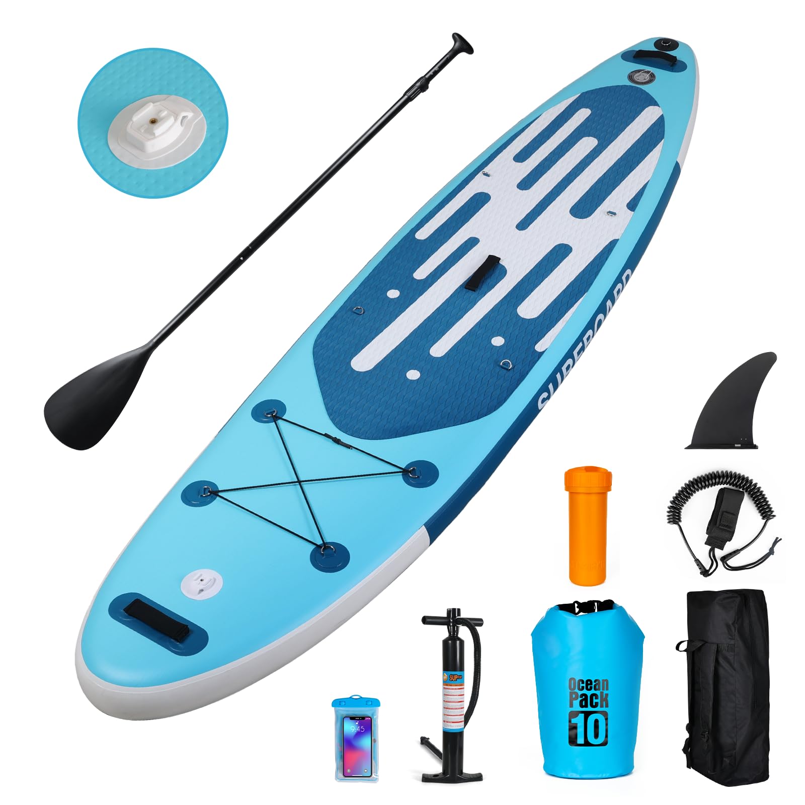 ELECWISH 11FT SUP Inflatable Paddle Board, Stand UP Paddle Board with Camera Mount, Pump, Paddle, Backpack, Carry Bag, Repair Kit, Safety Leash, Complete Kit, Blue