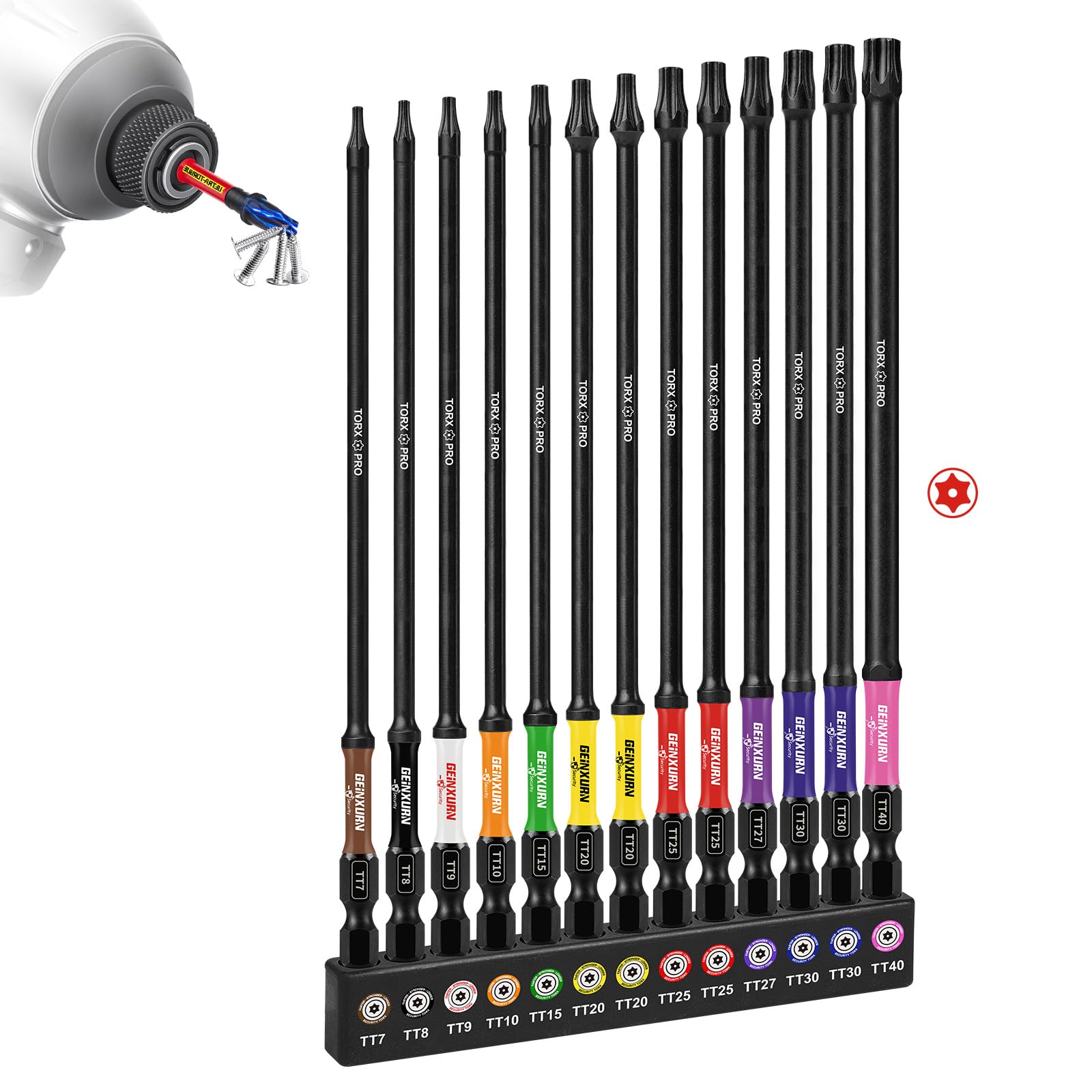 Puntas de estrella magnéticas Geinxurn juego T-Torx S2 largas que evitan la caída de tornillos
