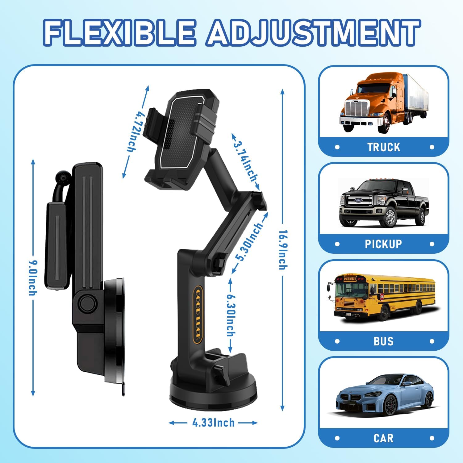 WUITIN Truck Phone Holder Mount,Car Phone Holder,Dashboard Windshield Phone Holder 16.9 inch Long Arm,Super Suction Cup Compatible with Pickup Truck,Commercial Truck and All Phone,Black