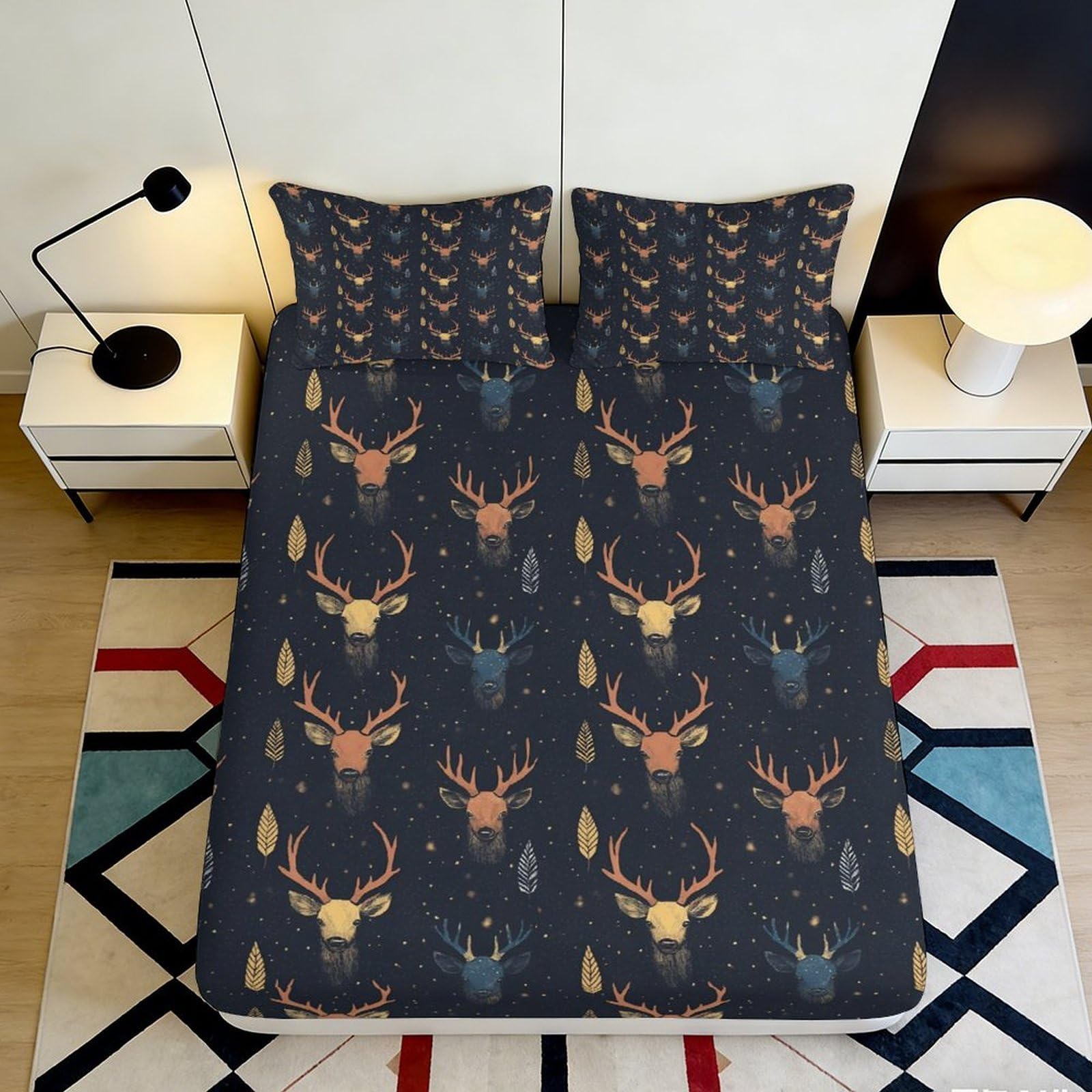 3D Printed Deer Pattern Fitted Sheet Microfiber Soft Breathable Stag Design Bed Cover for Bedroom Dormitory Guest Room Mattress Protection 140x200x25cm