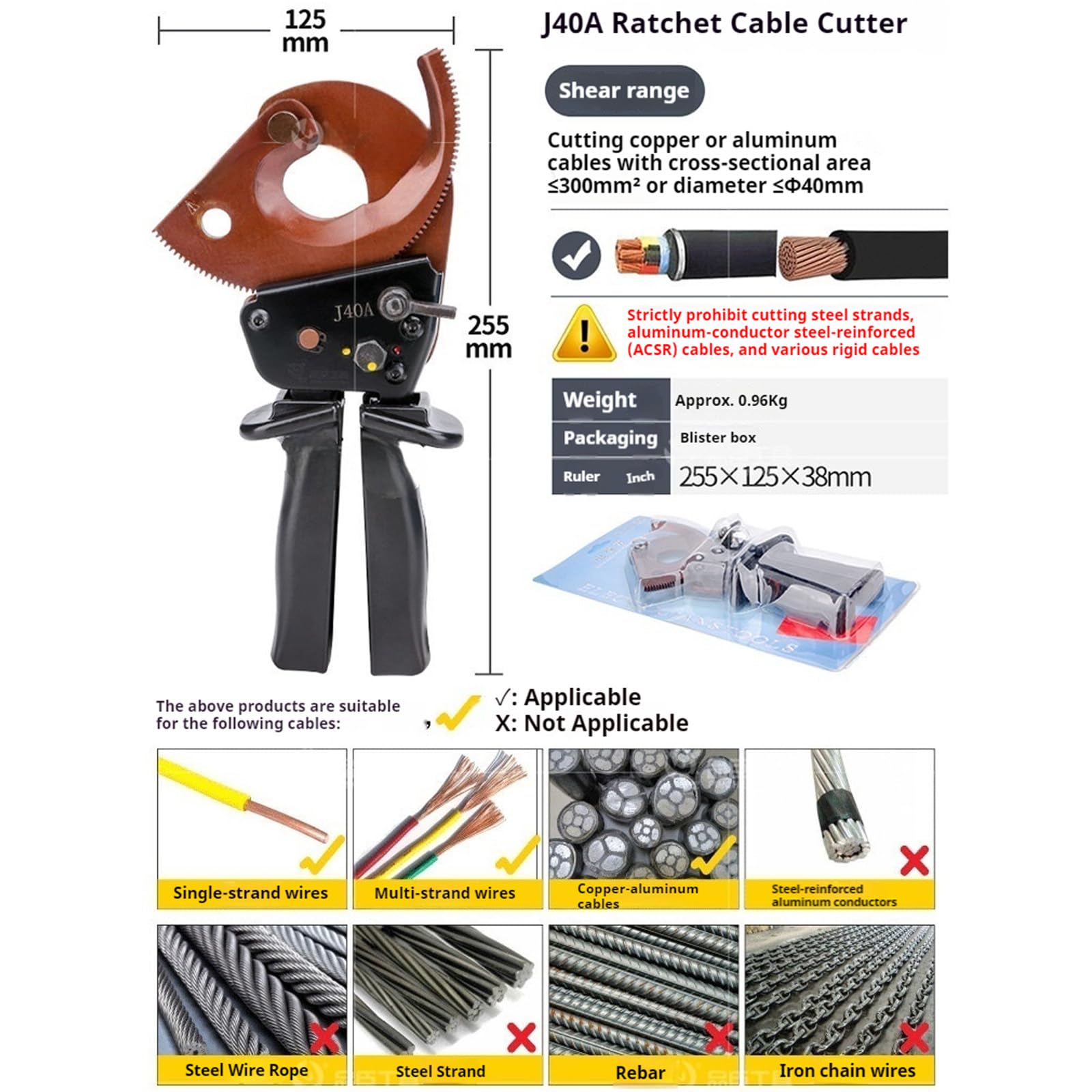 Ratschen-Kabelschneider, Elektronik Seitenschneider, Kupfer-Aluminium Kabelschere – bis 300 mm² / Ø40 mm, Einhandbedienung mit ergonomischem Anti-Rutsch-Griff