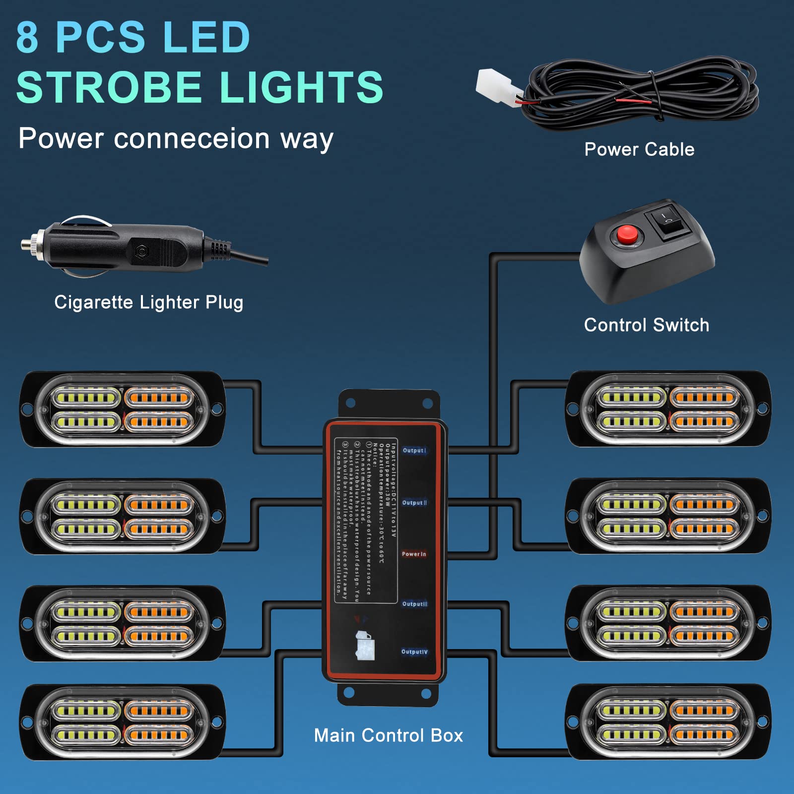 Amber & White LED Strobe Light Bars With Switch, Waterproof 8-In-1 LED - Foto 10
