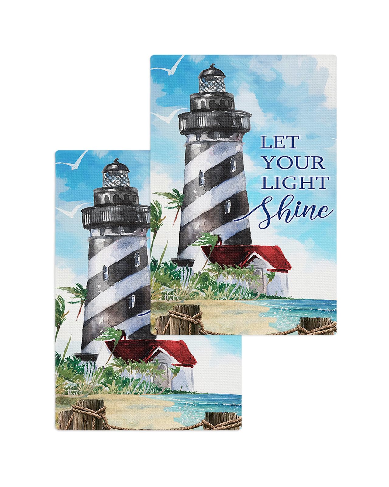 Coastal Lighthouse Kitchen Towels Set of 2, Waffle Microfiber Towels, Watercolor Blue Summer Beach Nautical Absorbent Dish Towels Cloths Decorative Hand Towels for Bathroom 16x24 Inch
