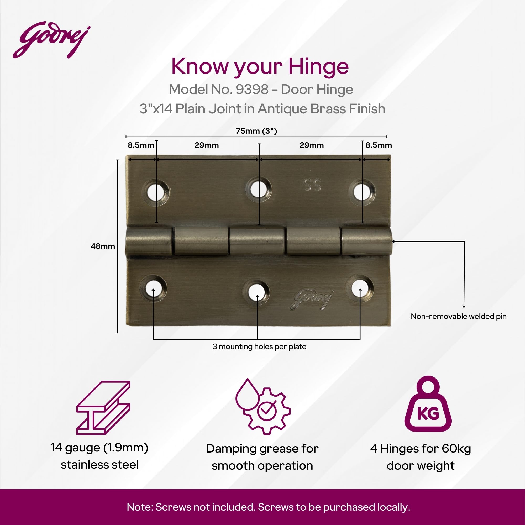 Godrej Door Fittings | 3 inch x 14 Gauge Plain Joint Door Butt Hinges (Pack of1, 5 Pcs/Pack) | Antique Brass Finish, Smooth Operation | 3 Holes Kabza for Doors, Windows & Wardrobe | 1 Yr Warranty — Amazon image 3