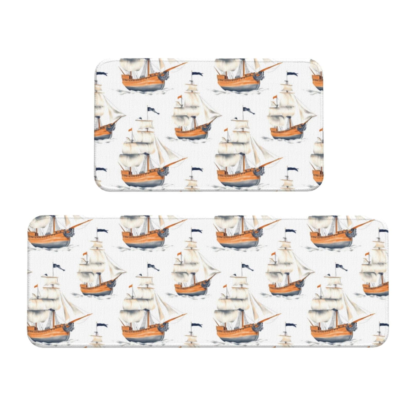GVYGVY Antifatigue Kitchen Mats for Floor 2 Piece - White Sailboat Print Kitchen Rugs Washable, Non Slip Runner Rug Standing Mat for Office/Bathroom/Laundry/Home Decor and Accessories