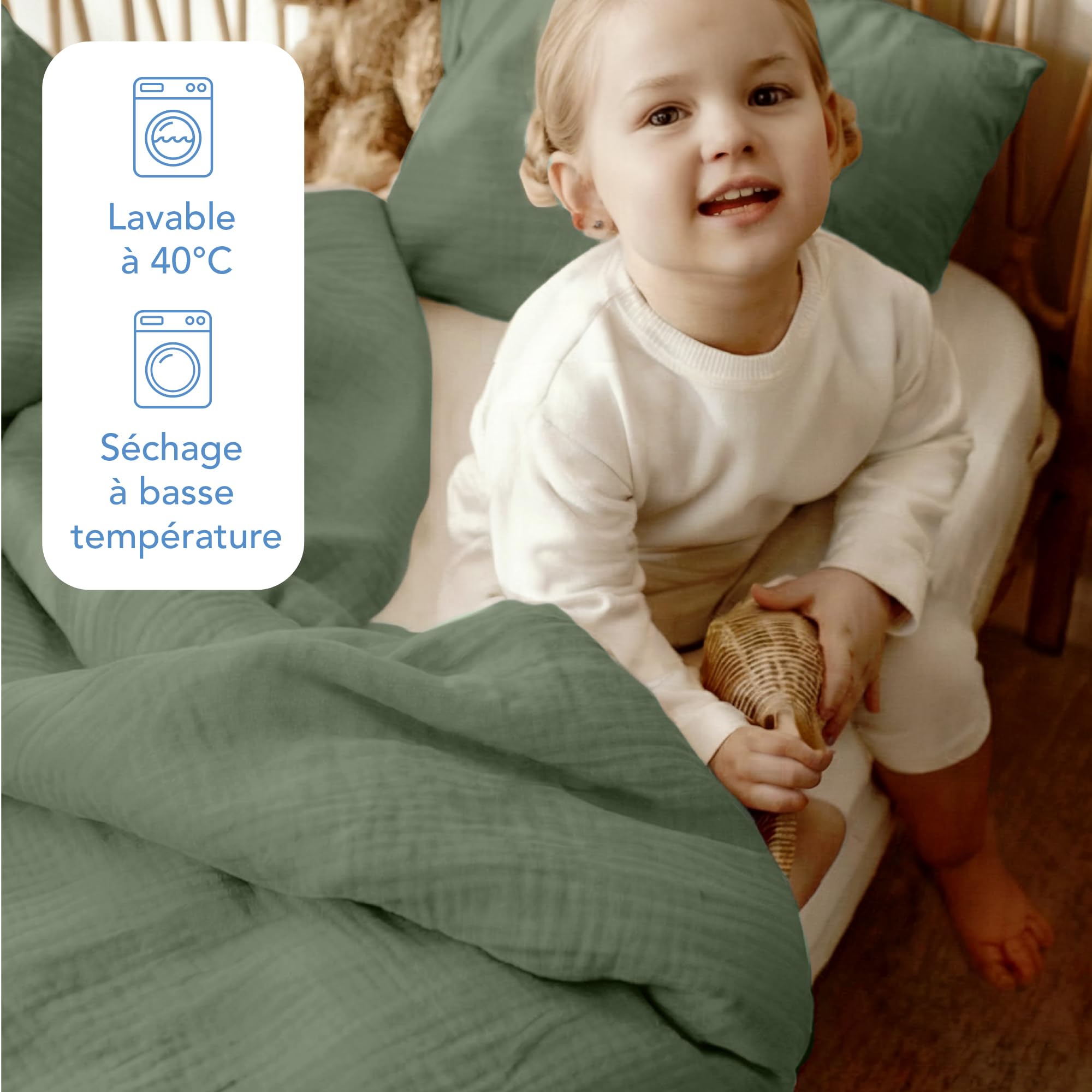Dreamzie Parure de Lit 100x135 Enfant en 100% Coton - Housse de Couette Gaze de Coton 100x135 cm + Taie d'oreiller 40x60 cm, Certifié Oeko-TEX - Couleur Vert