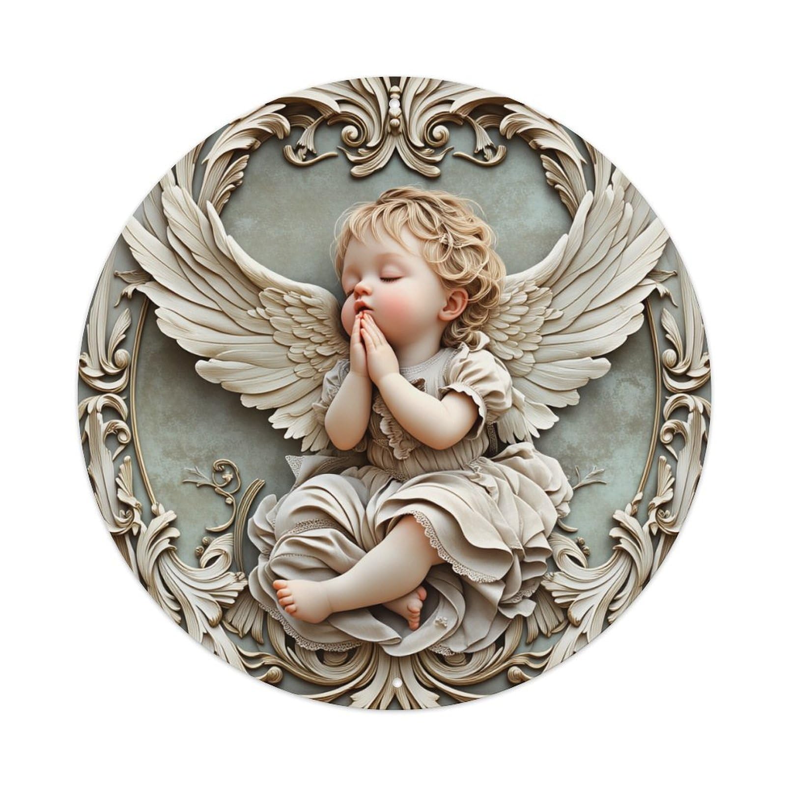 Angel Child Praying Wings Round Tin Sign Vintage Metal Poster, Home Bar Garage Man Cave Cafe Indoor & Outdoor Wall Decoration 8x8Inches