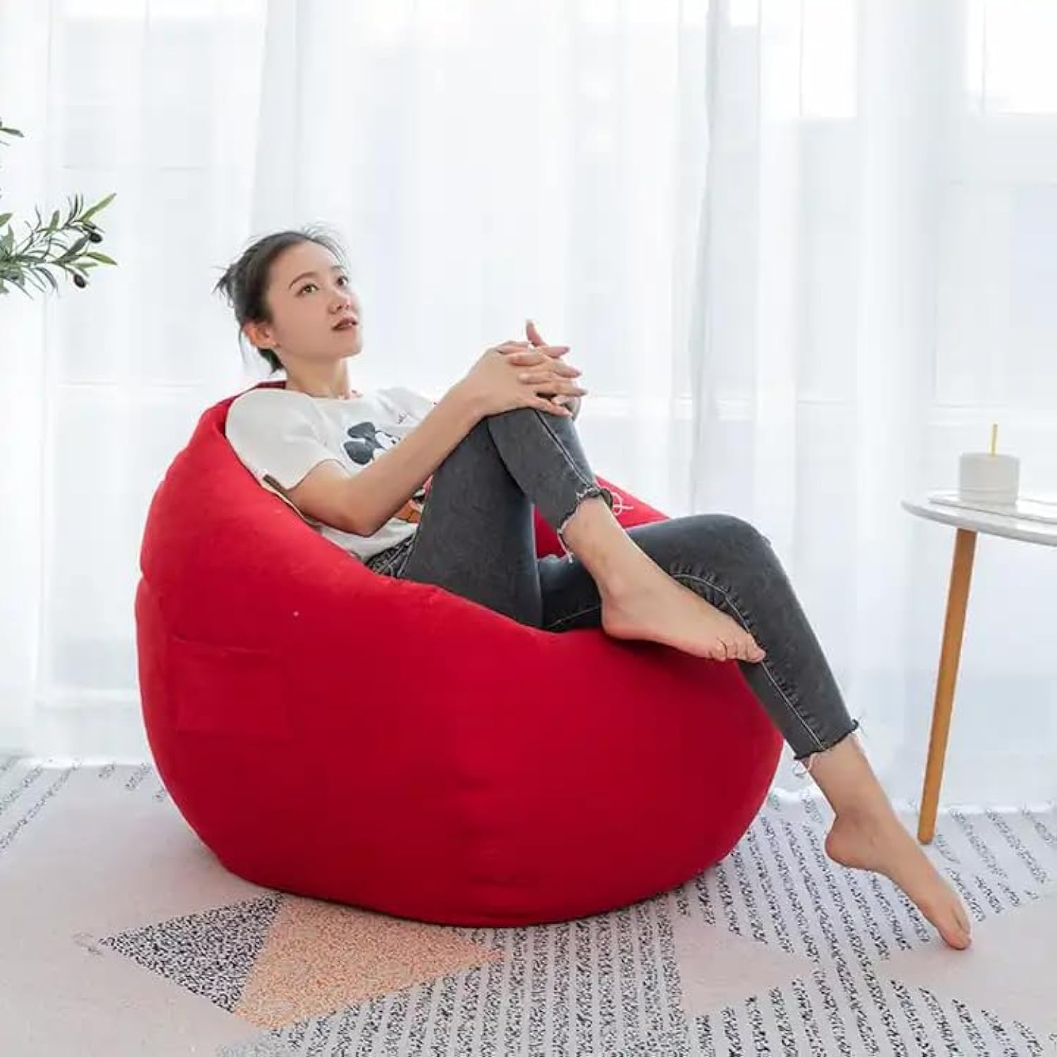 DEEP SLEEP EVERY NIGHT Bean Bag Chair | Classic Round Linen Cloth Bean Bag with Polystyrene Beads Filling