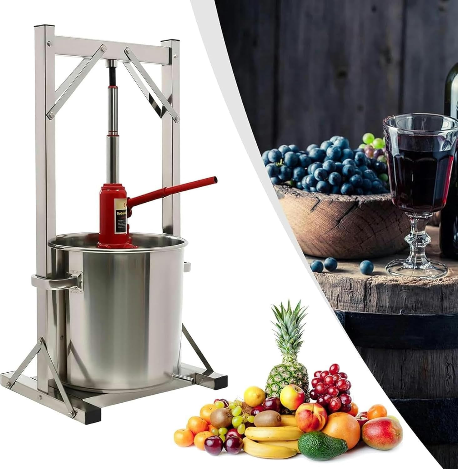 22L/5.8gal Fruit Wine Press Stainless Steel Wine Juice Press Grinder Nature Juice Making with Hydraulic Jack and Press Frame About 220-330lbs/h for Kitchen Home Outdoor~/