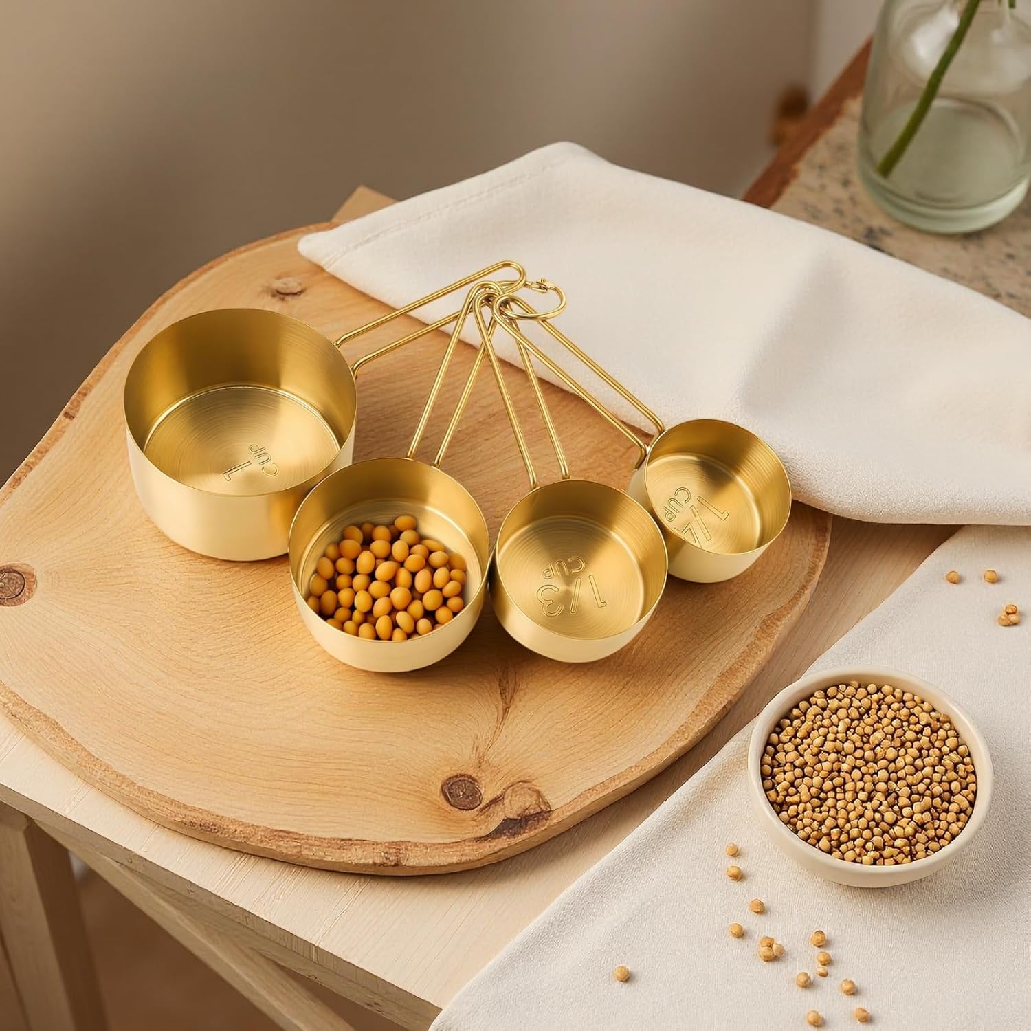 With Clear Scale, Gold Color, Stainless Steel, 9 Pcs Measuring Cups And Spoons Set, Including 5 Measuring Spoons And 4 Measuring Cups For Cooking, Coffee Measuring And Baking