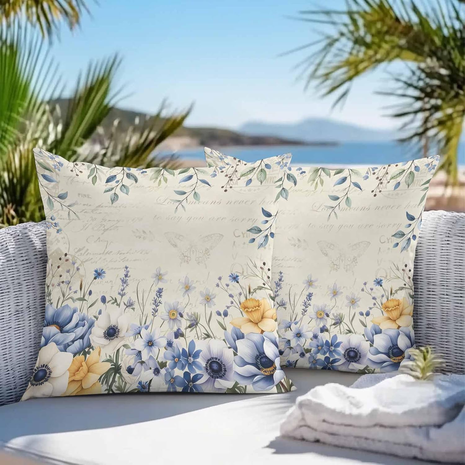 Blue Spring Floral Outdoor Waterproof Pillow Covers, Summer Botanical Flowers Vintage Decorative Square Throw Pillowcase Sofa Cushion Sham for Patio/Couch/Chair, 20"x20" 2 Pack