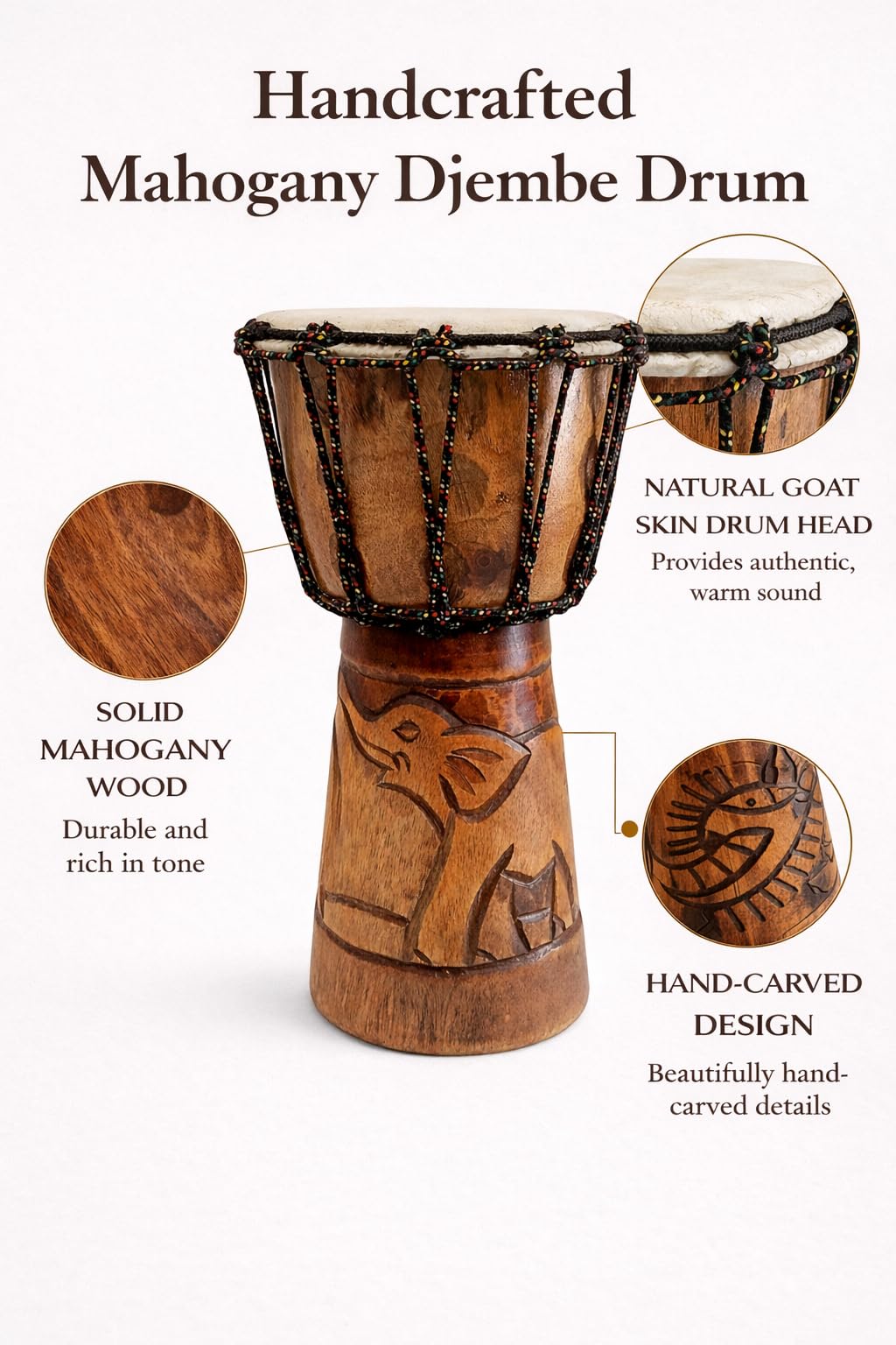 Djembe Drum Solid Wood Deep Carved Bongo Congo African Drum - 12" HIGH MED SIZE - Professional Quality - NOT MADE IN CHINA - JIVE BRAND (Elephant)