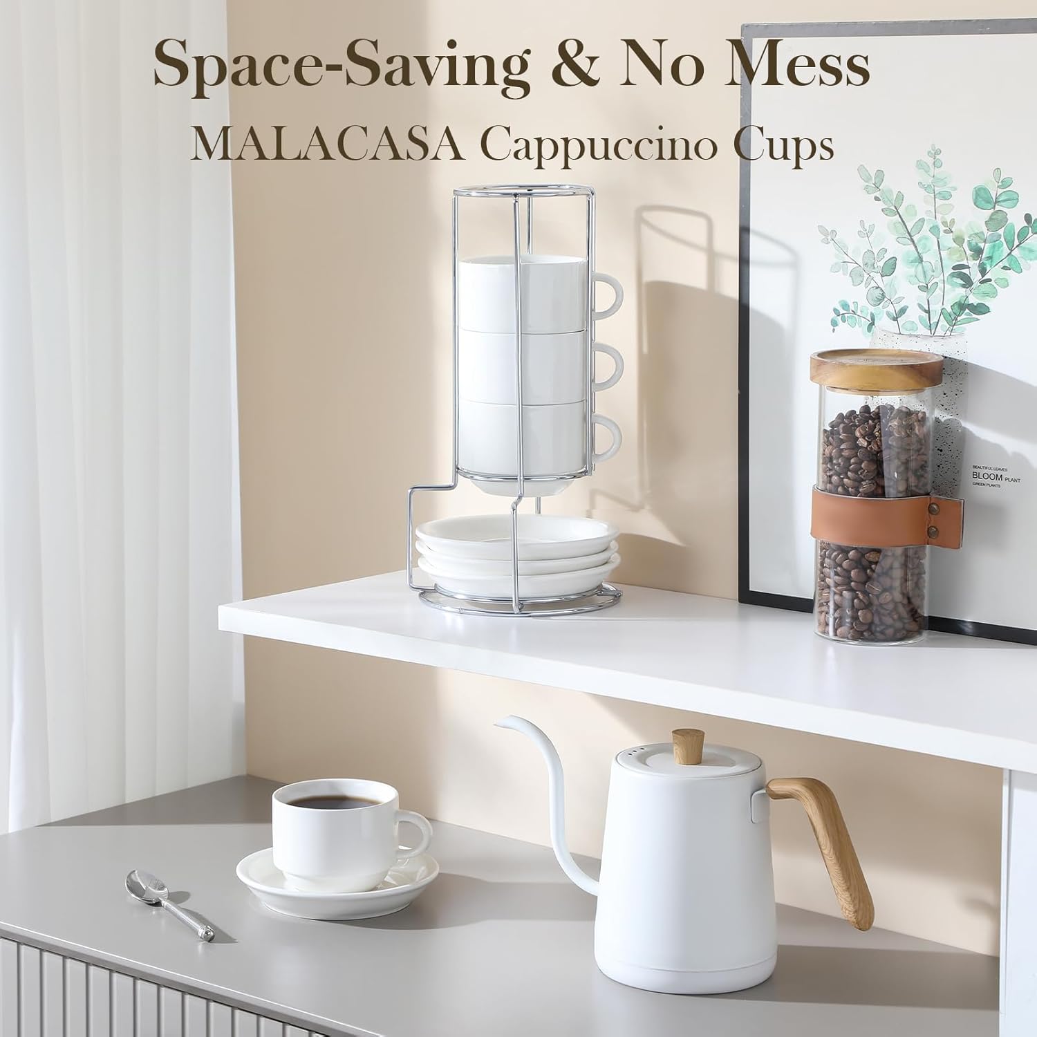 MALACASA 8 OZ Porcelain Espresso Cups with Saucers and Metal Stand Set of 4, Stackable Cappuccino Cups, White Expresso Shots Cup Set for Coffee Drinks, Latte, Tea - Image 6