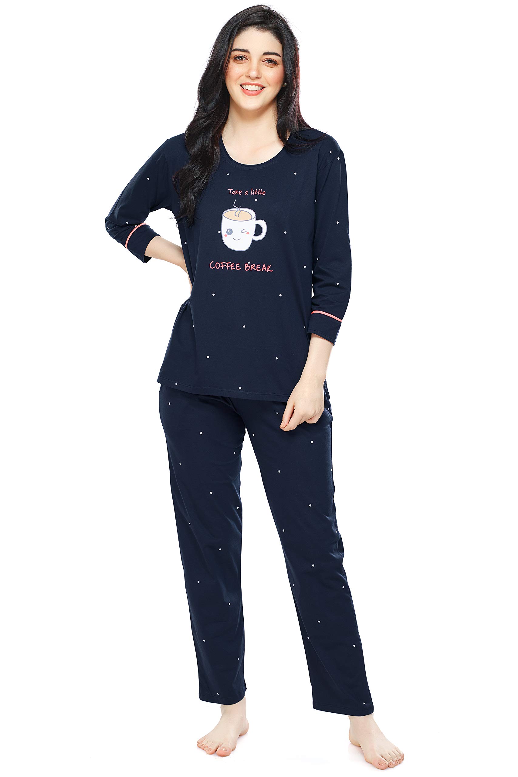 Women's Cotton Dot Printed Night Suit Set Of Top & Pajama Set 5281