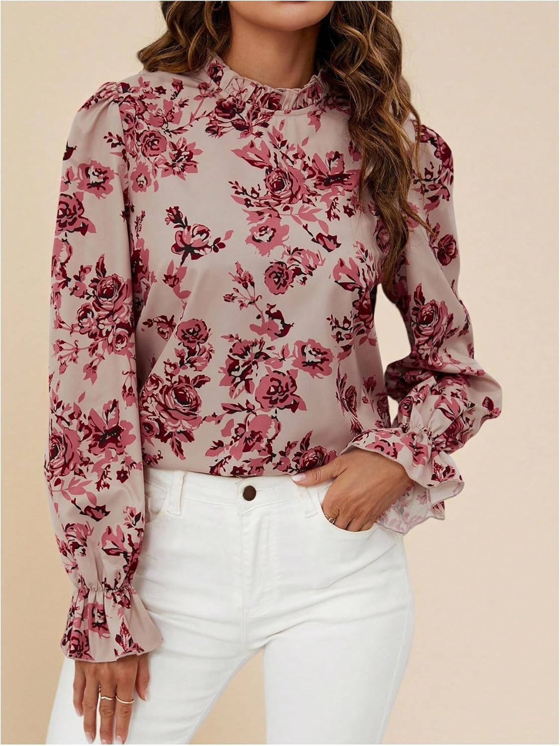 Milumia Women's Floral Frill Mock Neck Ruffle Long Sleeve Blouses Dressy Work Shirt Tops - Image 4