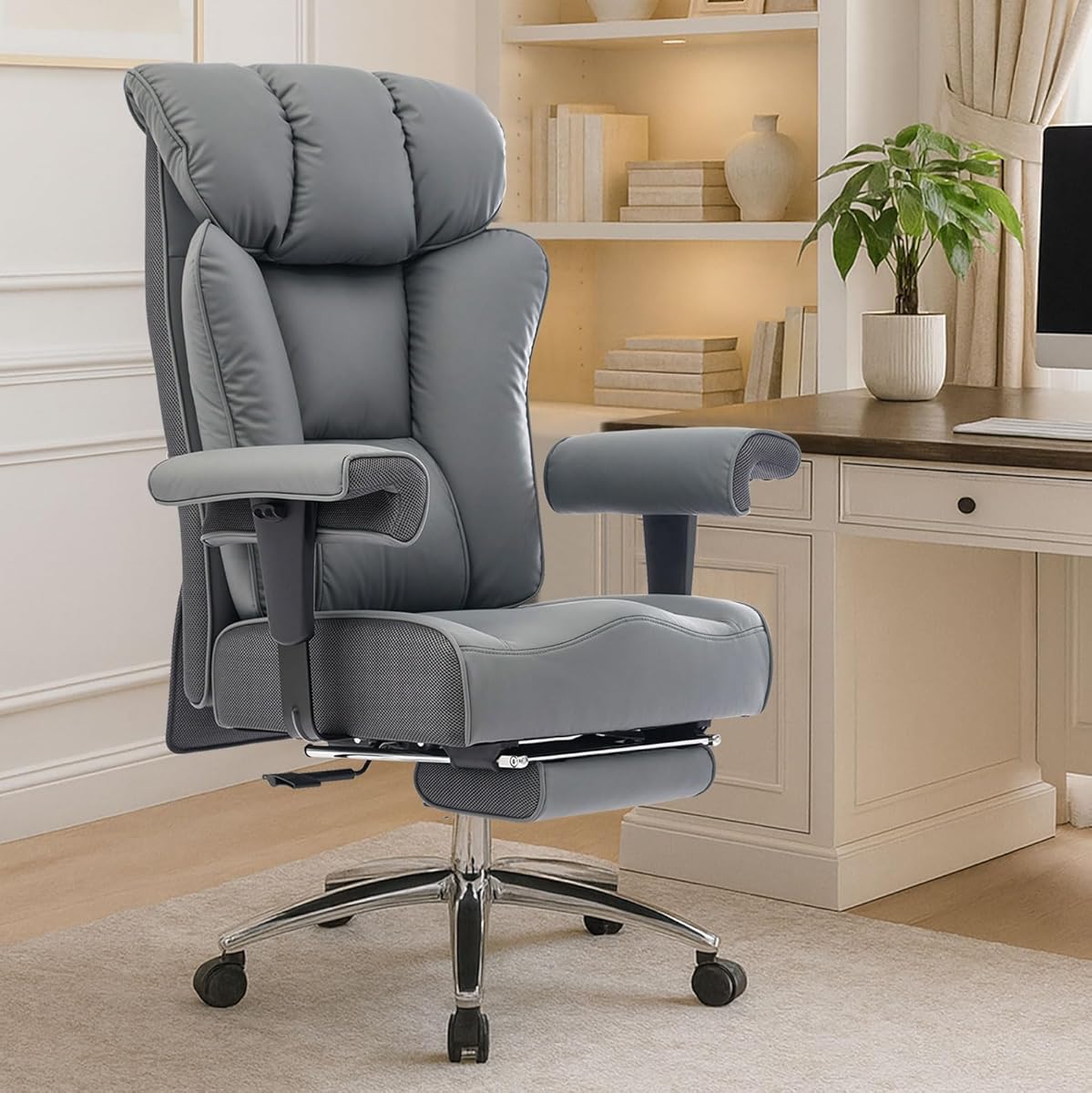 Efomao Big Tall Ergonomic Office Chair 450LBS with Foot Rest, High Back PU Leather Executive Chair with Adjustable Padded Armrests, Lumbar Support for Home or Work, Heavy Duty Computer Chair, Grey