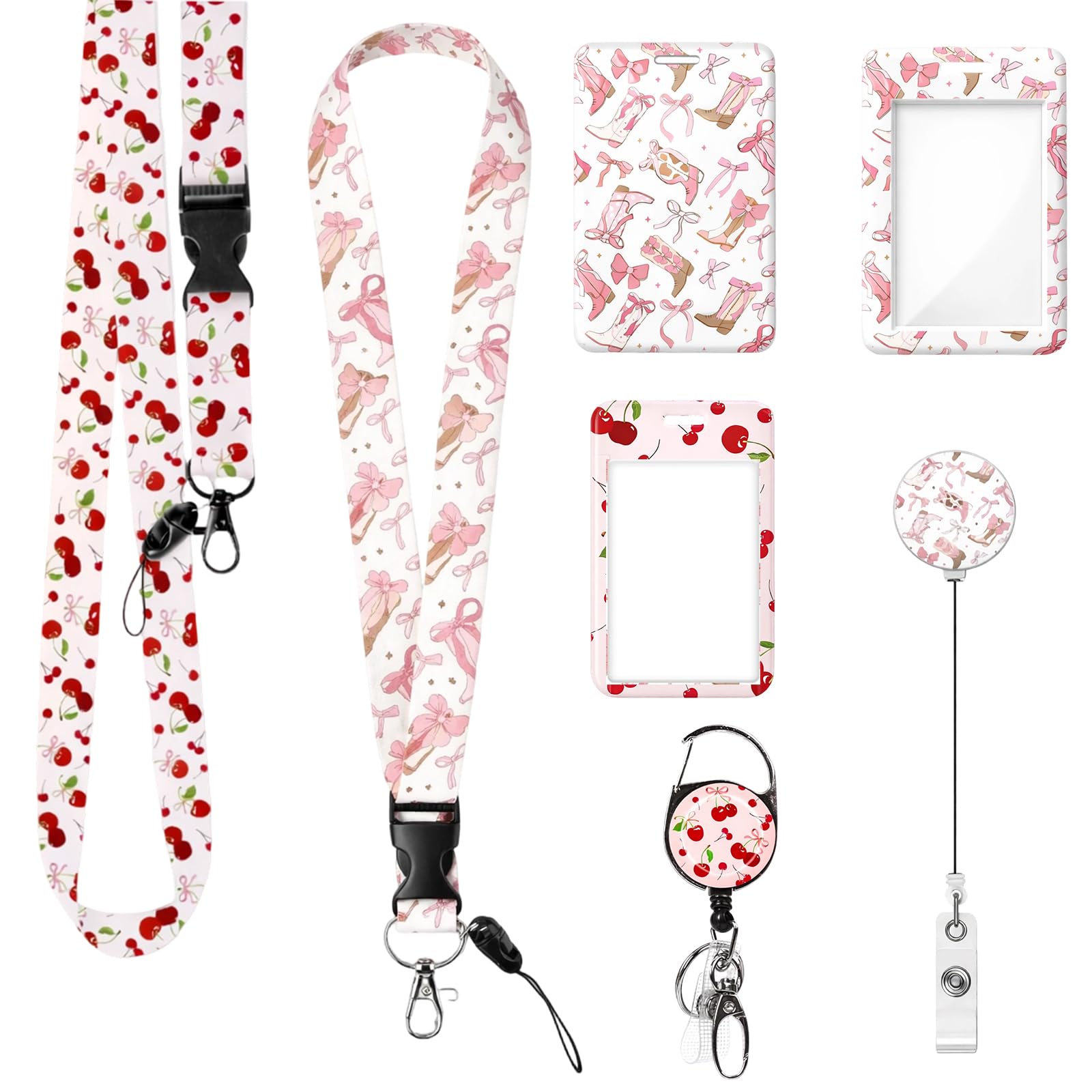2PCS Pink Lanyard, Detachable Teachers Lanyard with Card Holder Bow, Complete Set with 2 Badge Holders and 2 Retractable Straps, Professional Workplace Identification Accessory