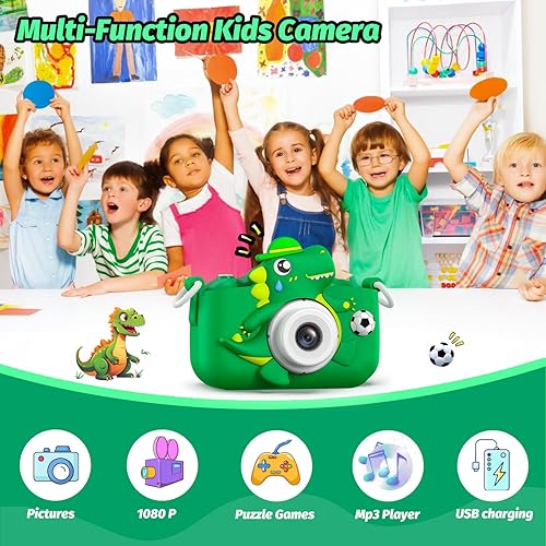 Miniatura 3 de Cámara de dinosaurio para niños y niñas, cámara digital para selfie de niños pequeños con bonita cubierta protectora y tarjeta SD de 32G, regalos de