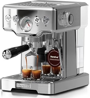 Neretva 15 Bar Semi-Automatic Espresso Machine with Pressure Gauge, Milk Frother - Silver Stainless Steel Home Barista Cappuccino Maker