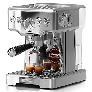 Neretva Cafetera Espresso, Maquina de Cafe de Acero Inoxidable con 15 Bares de Presión, Manómetro Visible y Vaporizador de Leche Potente–Cafetera para Espresso Machiato/Latte/Cappuccino/Barista en Cas