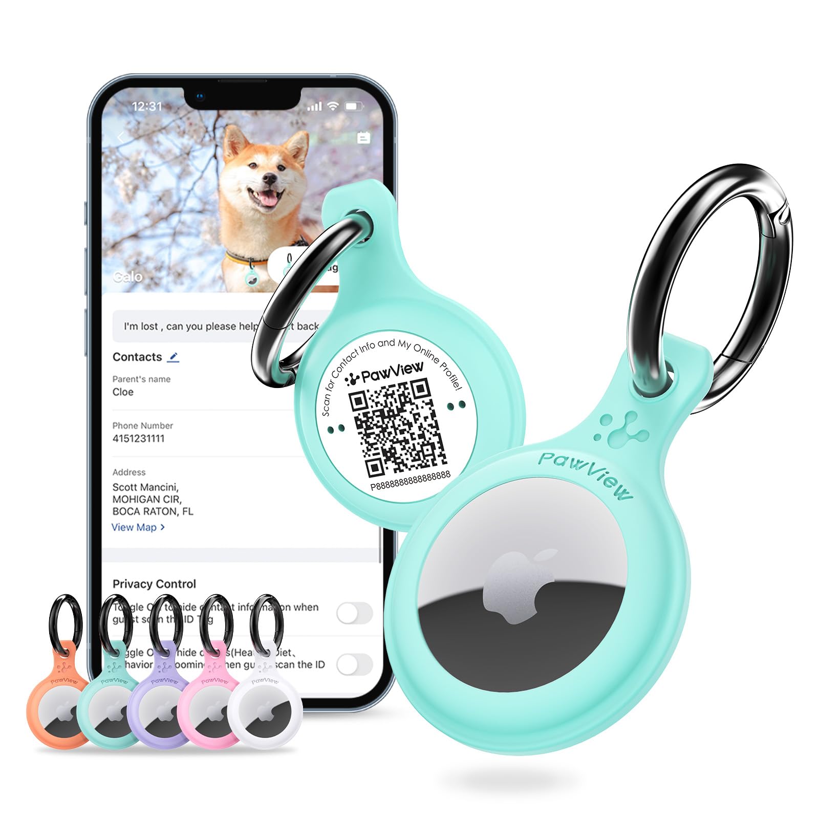AirTag Holder & Collar for Pets. GPS Tag & App with Smart QR ID for Instant Location Pet Profile and Contact Info. Dog Tracker or Cat Tracker(Tiffany)